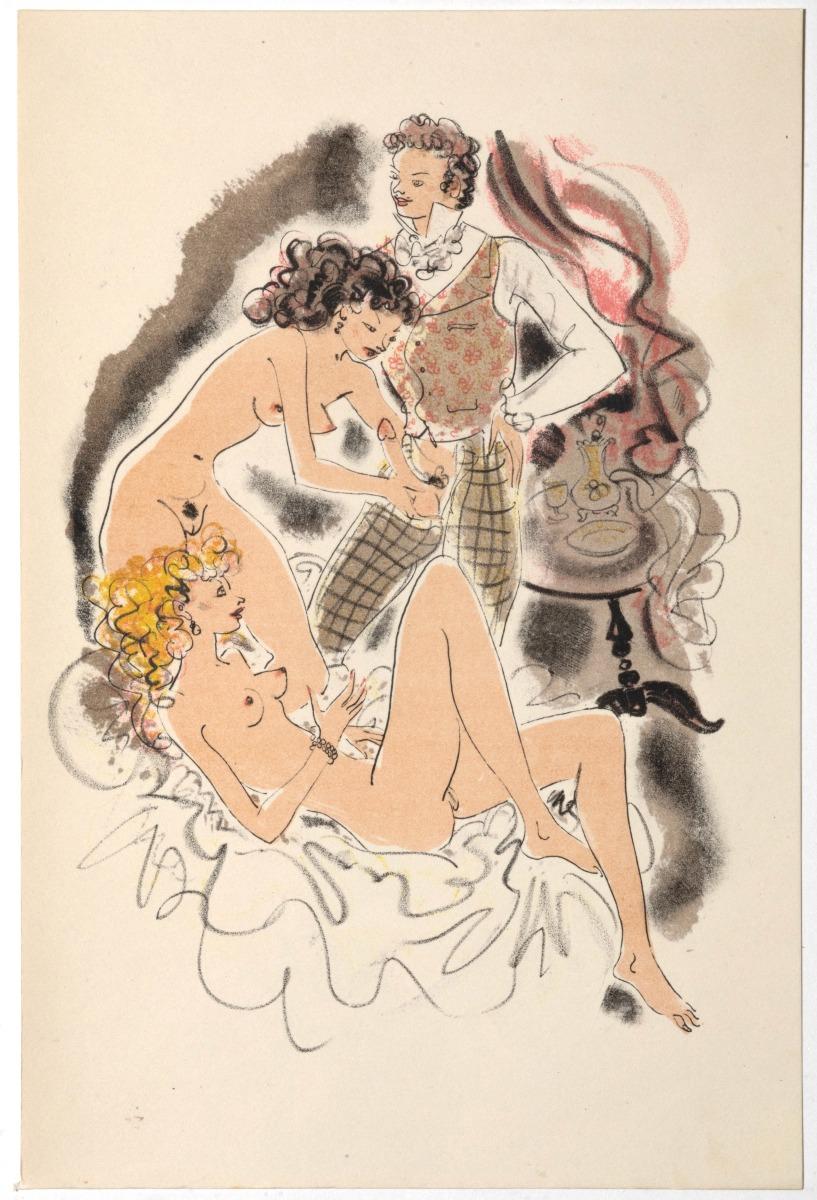 Erotic Scene is an original Hand-colored lithograph artwork, realized by Mariette Lydis in 1939.

In very good conditions.

From an edition of 90 prints.

The artwork represents the erotic scene, through confident strokes in well-balanced