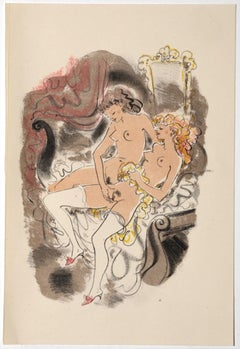 Escena Erótica - Litografía original coloreada a mano attr. a Mariette Lydis - 1939