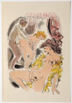 Scène érotique - Lithographie originale coloriée à la main attribuée à M. Lydis - 1939