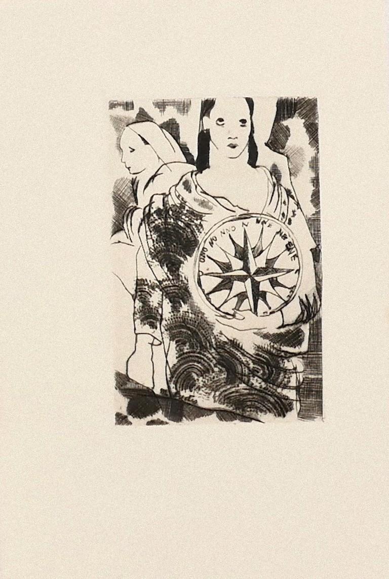 Rose of Wind is an etching, realized by Mariette Lydis in 1930 ca.

In very good conditions.

The artwork represents young women embracing a big compass resembling of a Rose flower, through confident strokes in well-balanced composition.