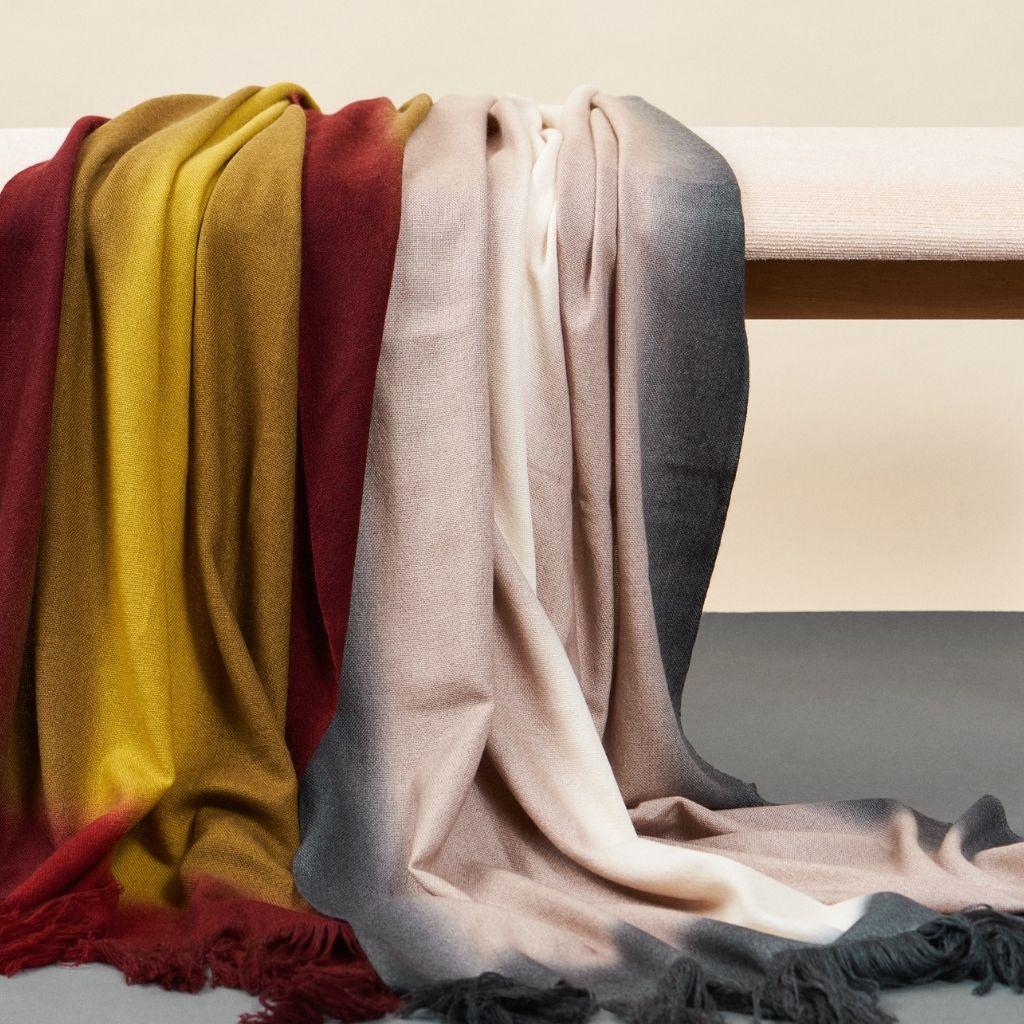 Marigold Handloom Merino Throw / Blanket in Ochre Musturd Red Tones with Fringes For Sale 6