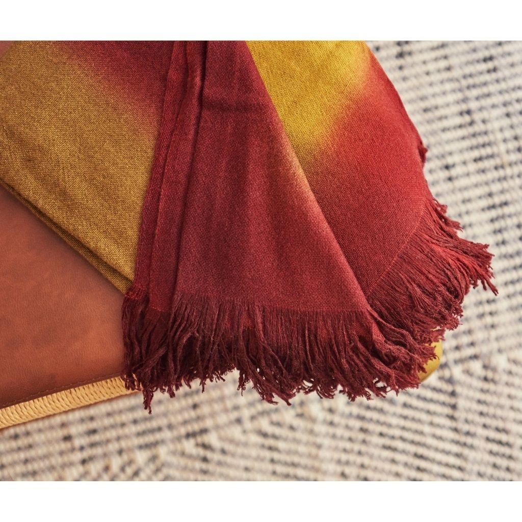 Marigold Handloom Merino Throw / Blanket in Ochre Musturd Red Tones with Fringes For Sale 4