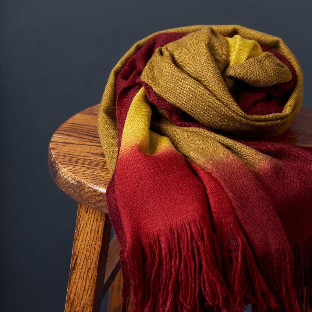 Hand-Woven Marigold Handloom Merino Throw / Blanket in Ochre Musturd Red Tones with Fringes For Sale