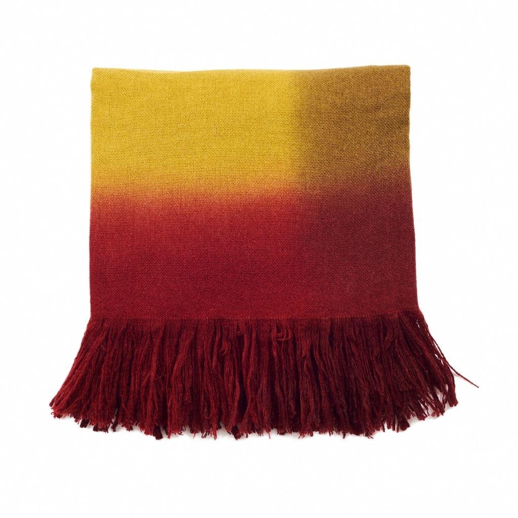 Marigold Handloom Merino Throw / Blanket in Ochre Musturd Red Tones with Fringes In New Condition For Sale In Bloomfield Hills, MI