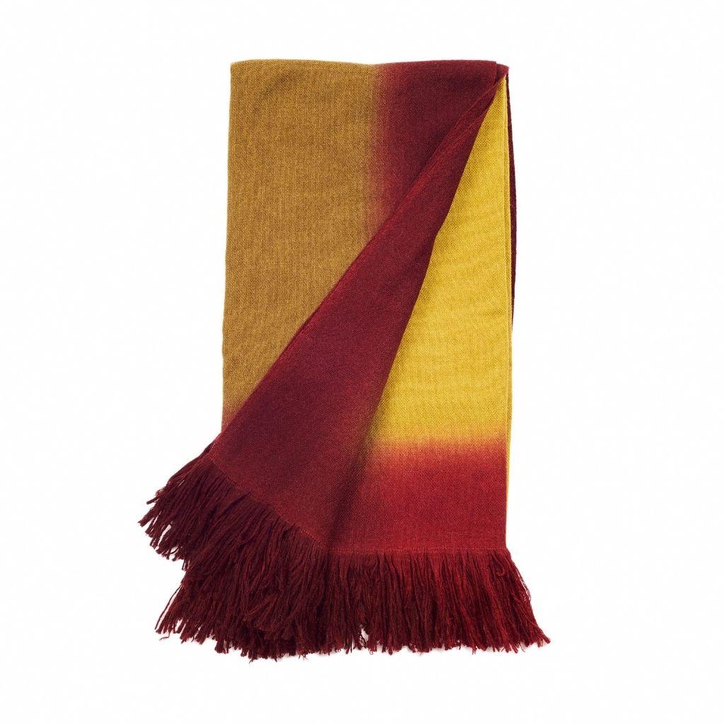 Marigold Handloom Merino Throw / Blanket in Ochre Musturd Red Tones with Fringes For Sale 1