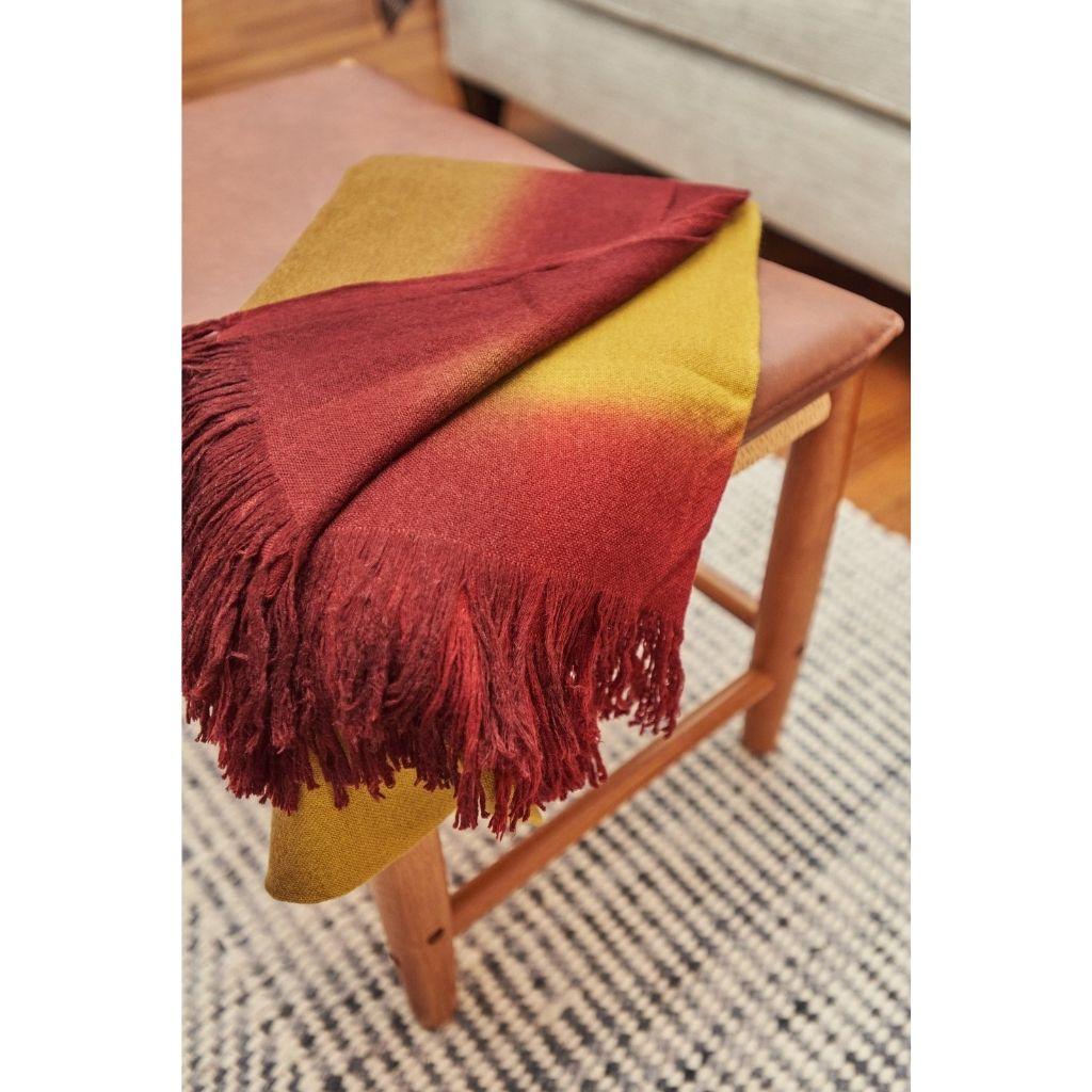 Yarn Marigold Handloom Merino Throw / Blanket in Ochre Musturd Red Tones with Fringes For Sale