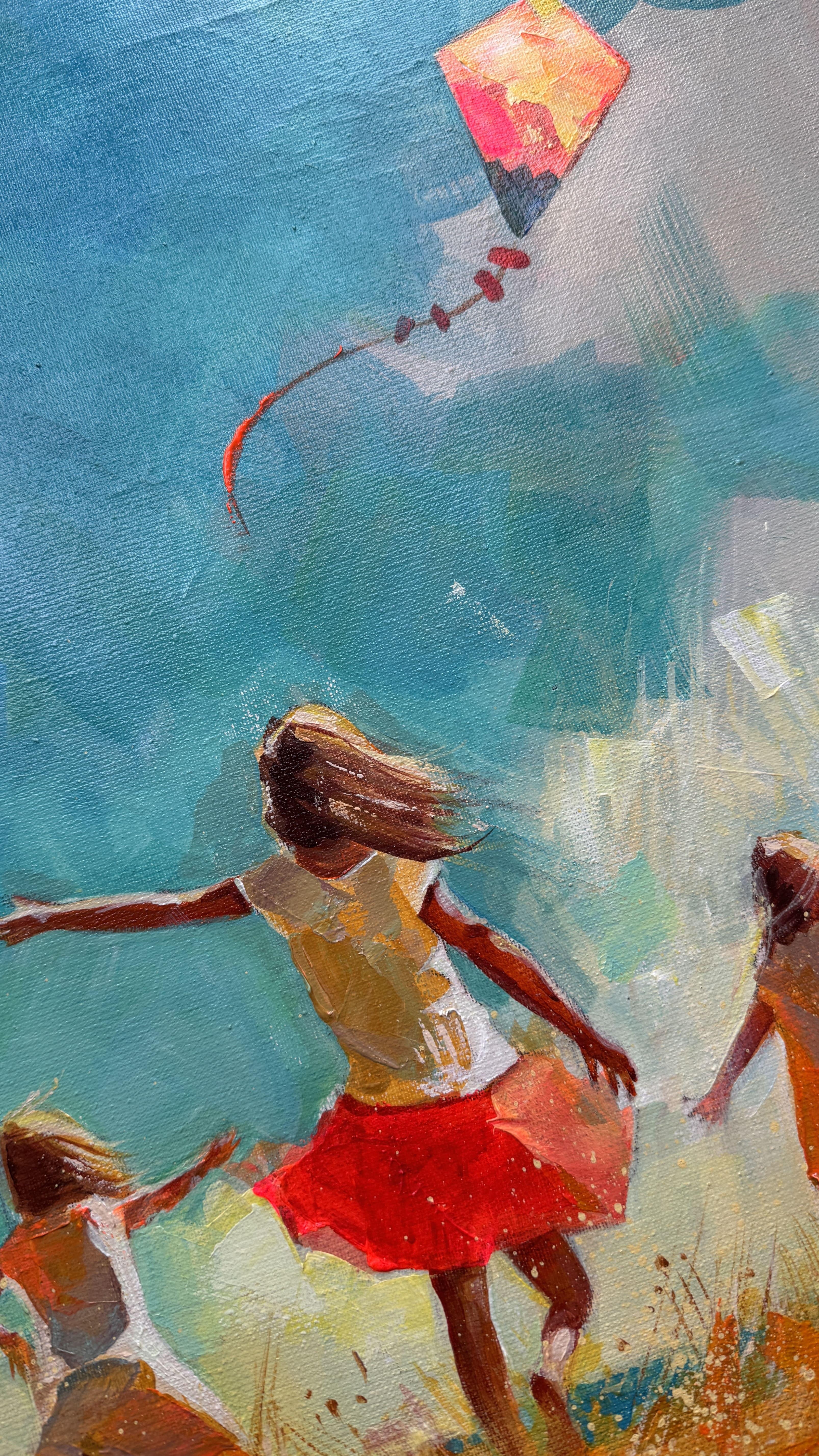 L'enfance insouciante : Les rêves s'envolent - Bleu Figurative Painting par Mariia Kotiuzhynska 