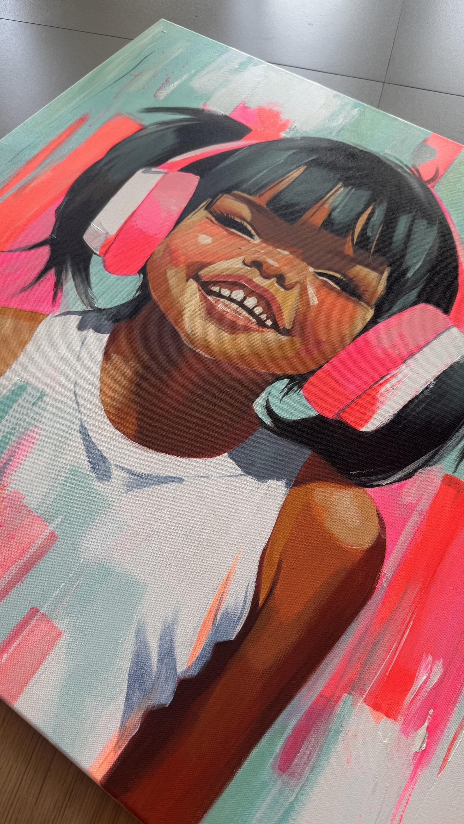Turn up the volume of joy!
This painting is about that moment when the world is simple, bright, and every beat makes you smile wider. Colors that dance like music, energy that never fades