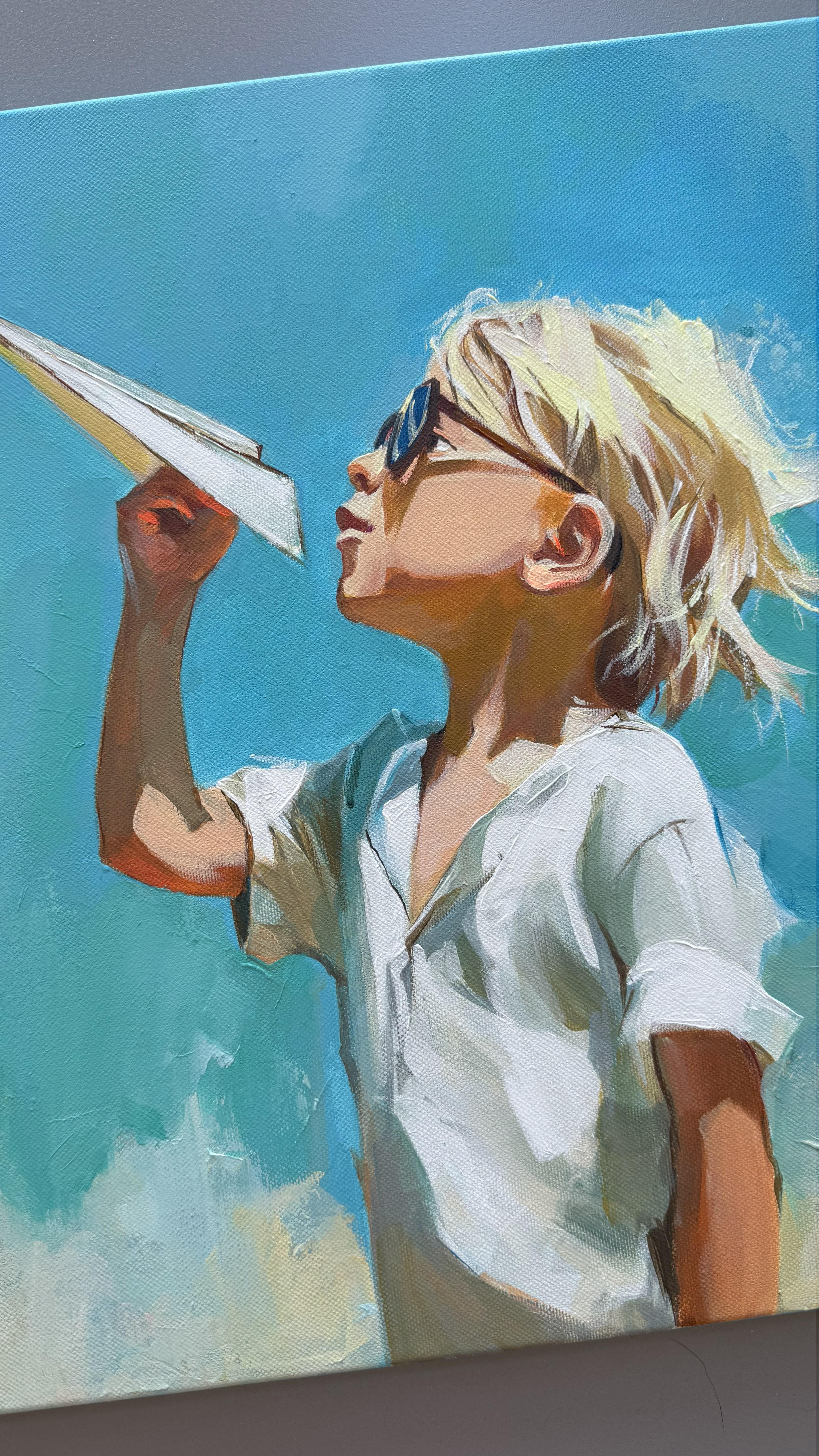 Paper Dreams - Blue Figurative Painting by Mariia Kotiuzhynska 