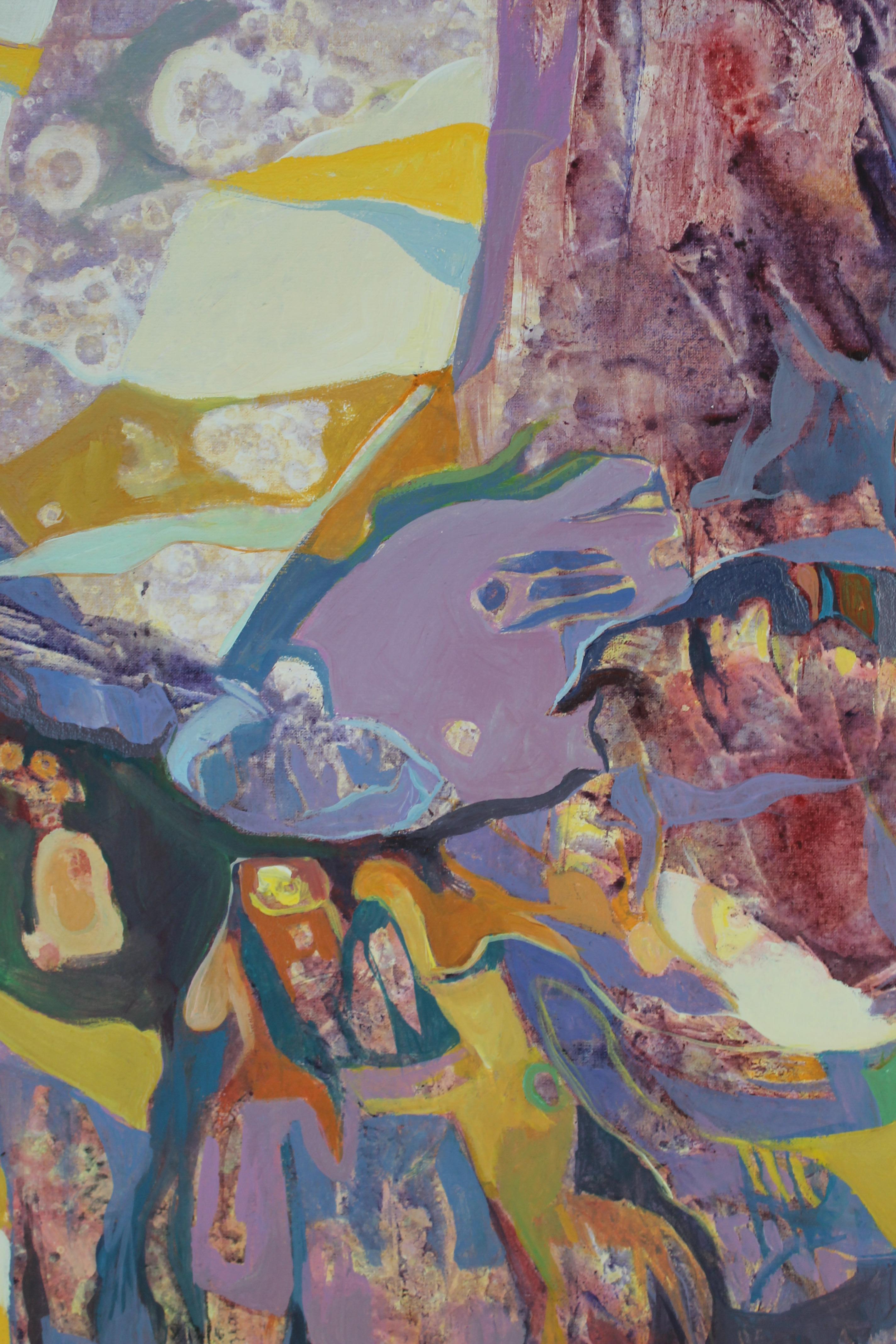 “Abandoned Nest” unfolds as a visual poem about loss and transformation, where colors pulse between memory and the promise of new life. Rich purples, pinks, and golden hues weave together a mosaic of energies, scattered yet yearning to reassemble