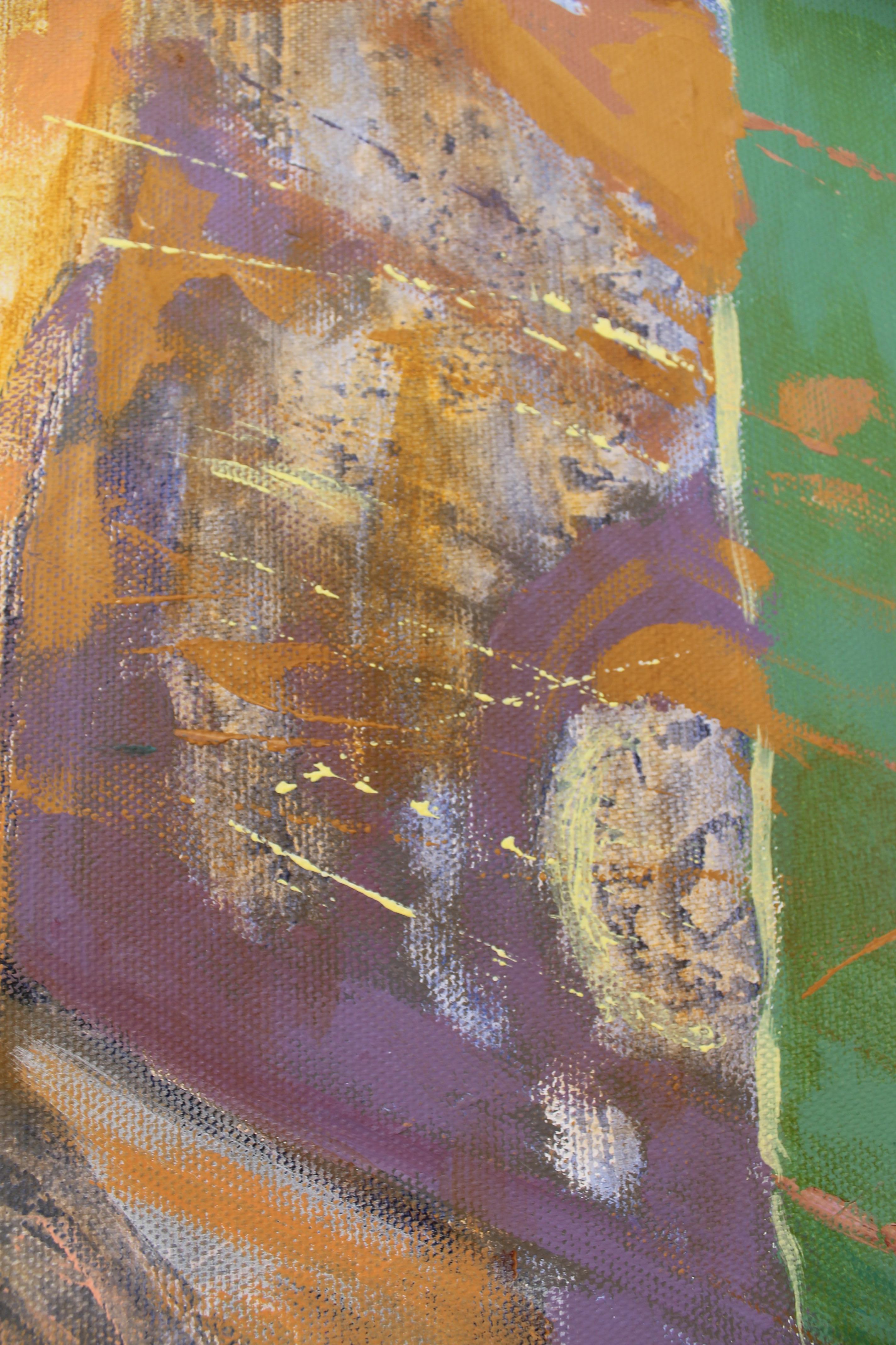 shipped in roll
The painting reveals a space where every step turns into an echo resonating with the deep rhythms of the earth. The figures on the canvas seem to move not only through space but also within an invisible wave-like reality where all
