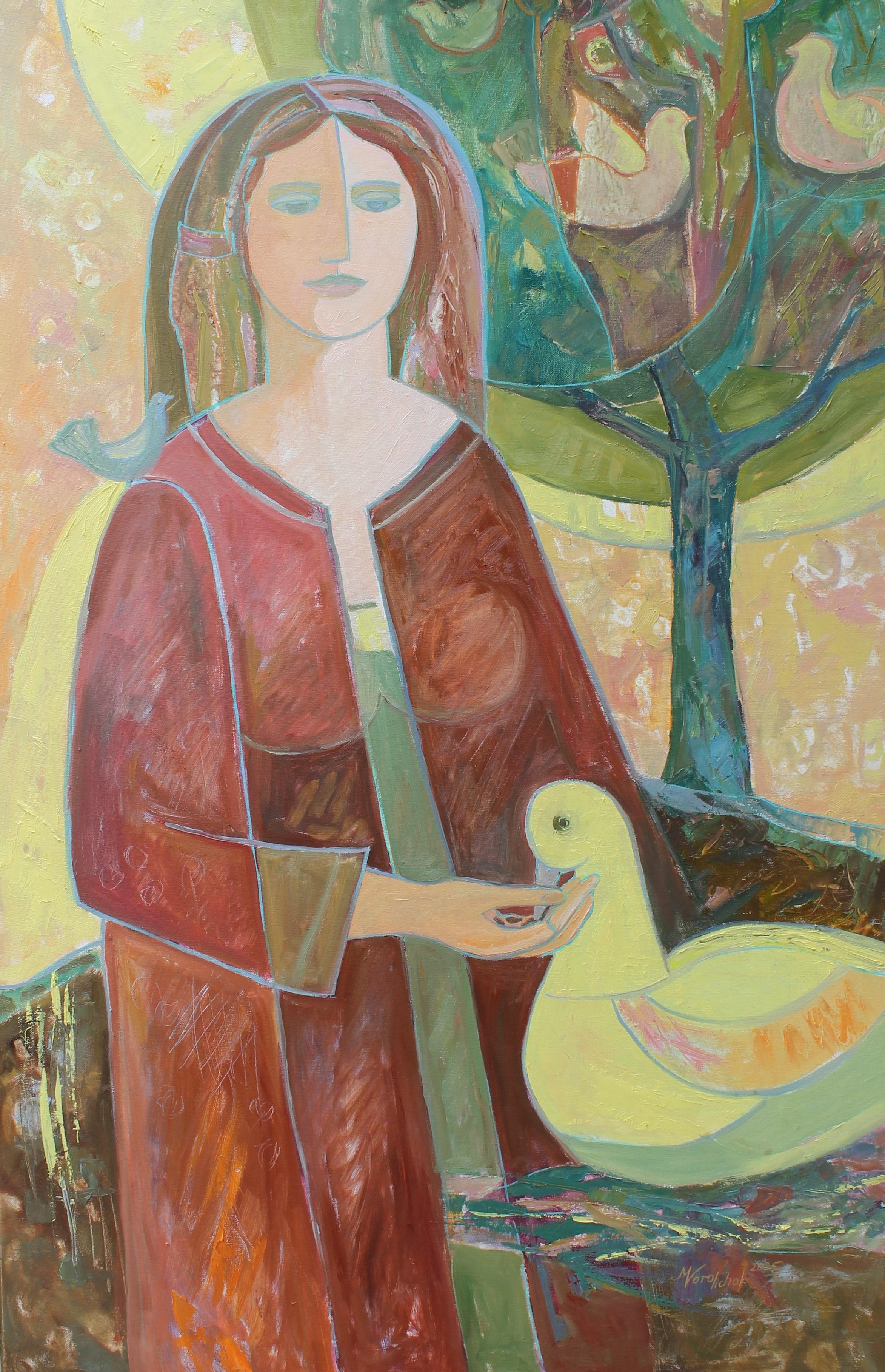 Figurative Painting de Mariia Voronchak  - La que habla con los pájaros. Serie "Presencia