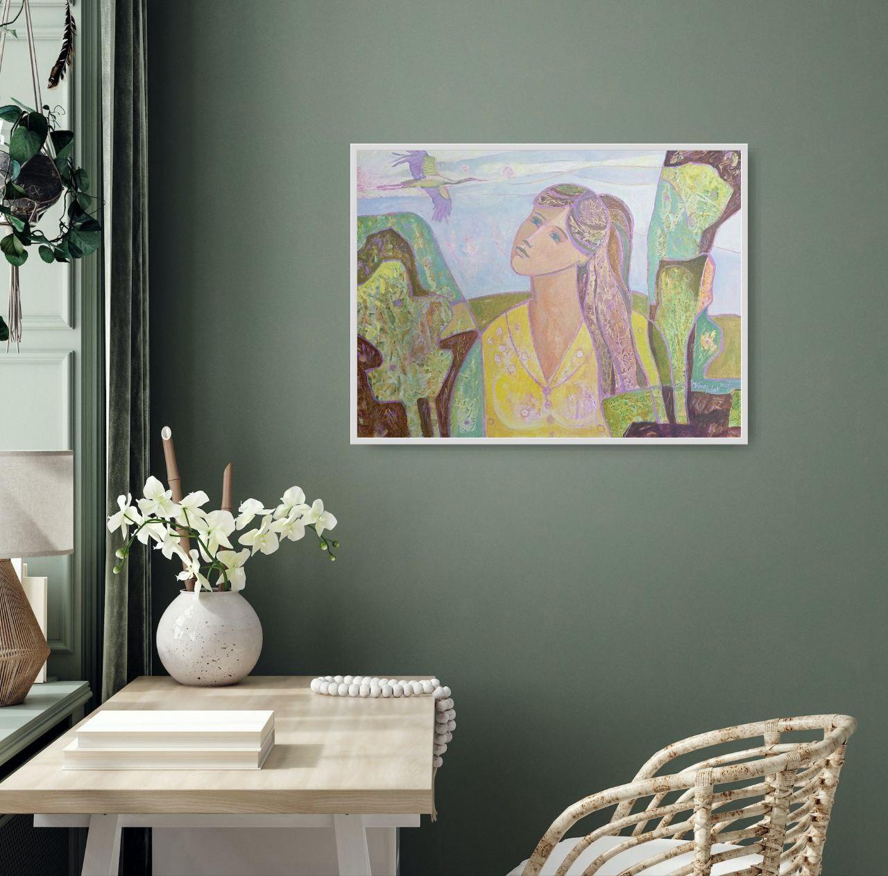 At the heart of the painting is a female figure with her face turned upward, gazing at the sky where a bird is flying. Her gaze reaches not only outward but into the unseen realm of inner transformation. The surrounding nature seems to flow through
