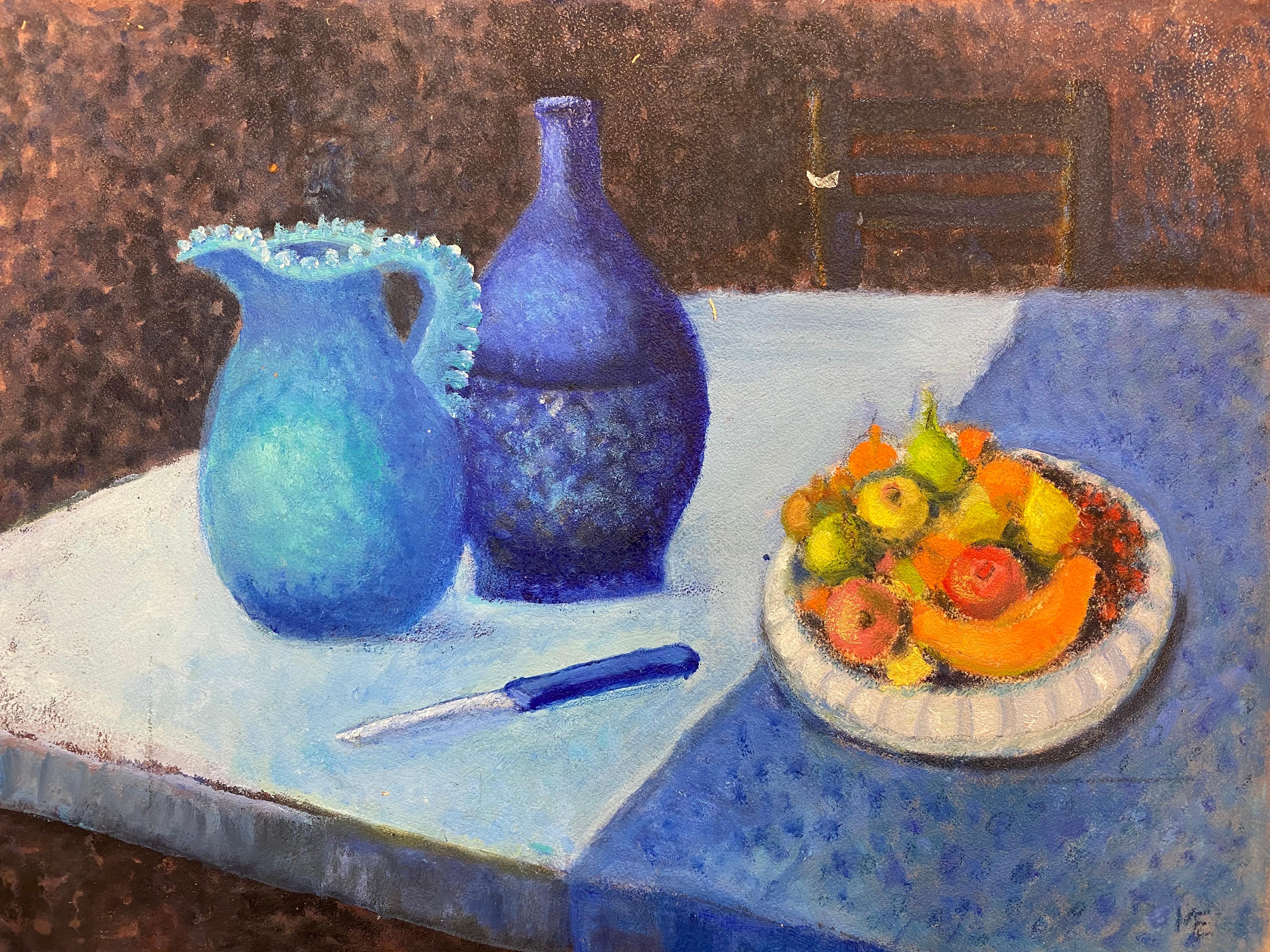 Marika Eversfield Still-Life Painting - Blue Interior Still Life with Fruit