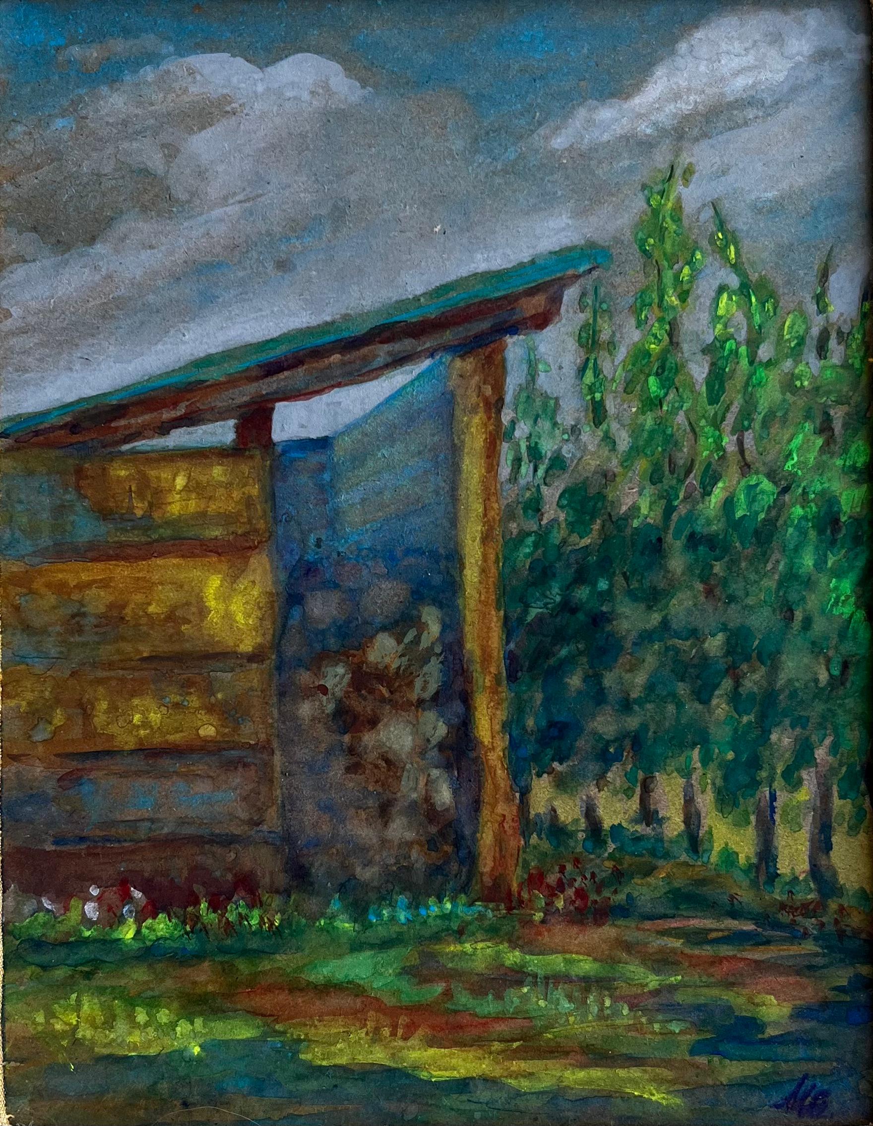 Title:Garden Shed Landscape Watercolor Painting British Contemporary Marika Eversfield
by Marika Eversfield NS RAS (British late 20th century)
original watercolor painting on artists paper
image size: approximately 11.75 x 9.75 inches
mounted and