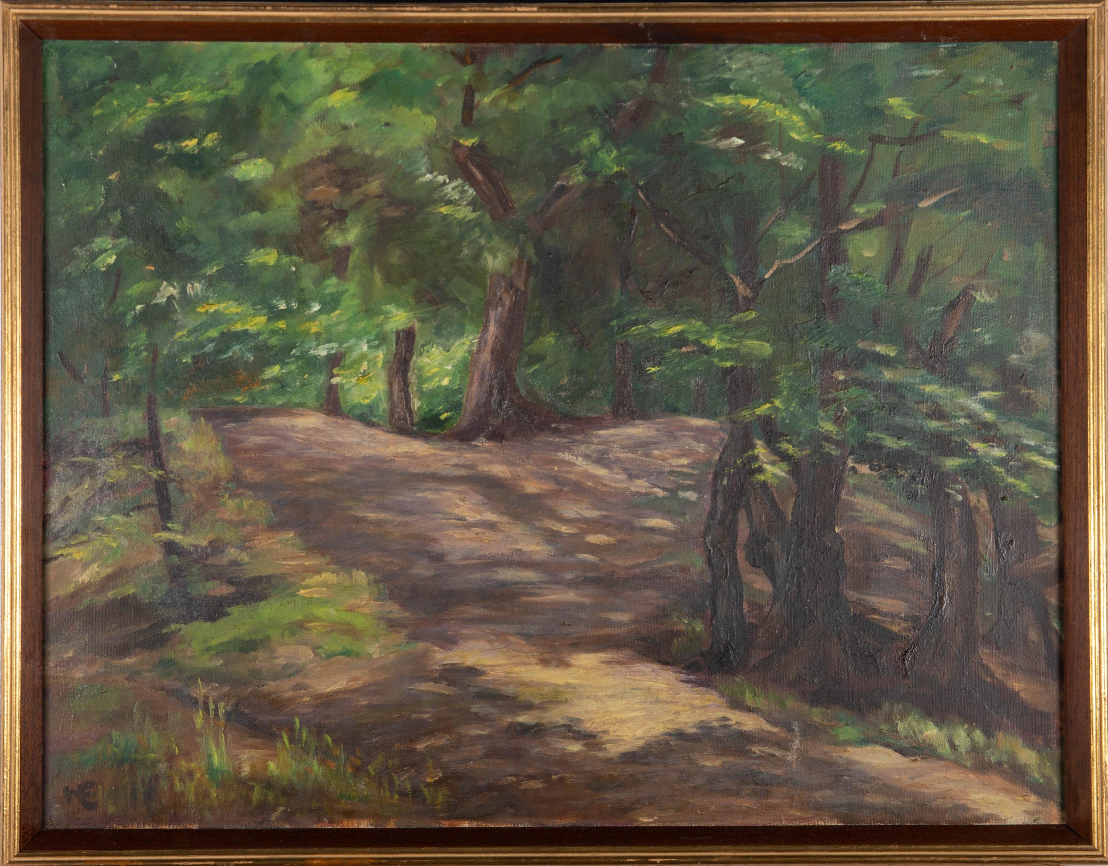 A calm and serene woodland landscape showing golden sunlight shafting through the verdant leaves. The artist has initialed to the lower left and the painting has been presented in a simple wood frame with a gilt outer window. On canvas.
