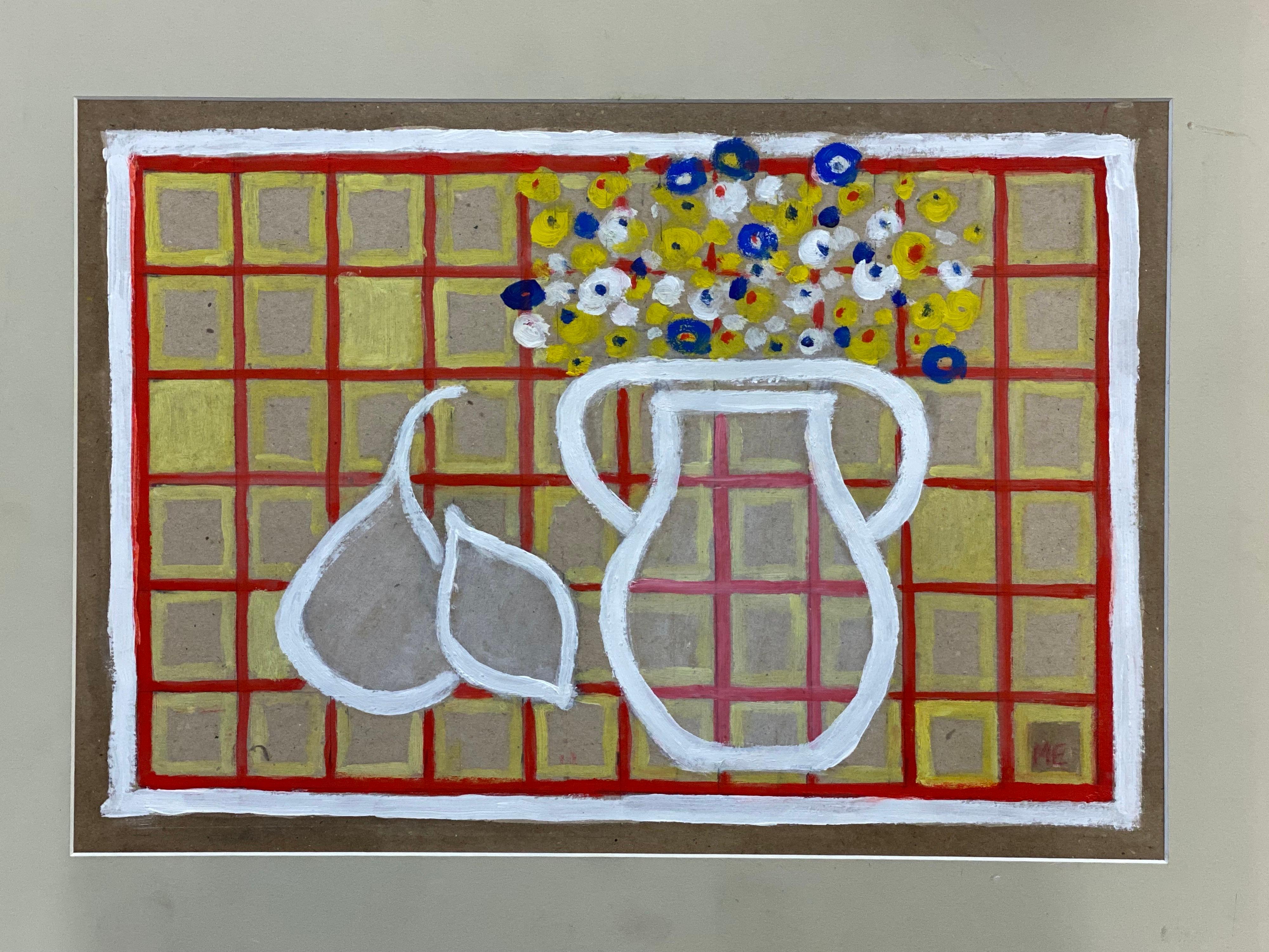 Modern British Pintura Abstracta Naturaleza Muerta Flores y Fruta - Abstract Painting Marrón de Marika Eversfield