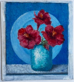 Flores rojas de hibisco en jarrón turquesa Bodegón Pintura al óleo Botánica