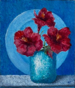 Flores rojas de hibisco en jarrón turquesa Bodegón Pintura al óleo Botánica