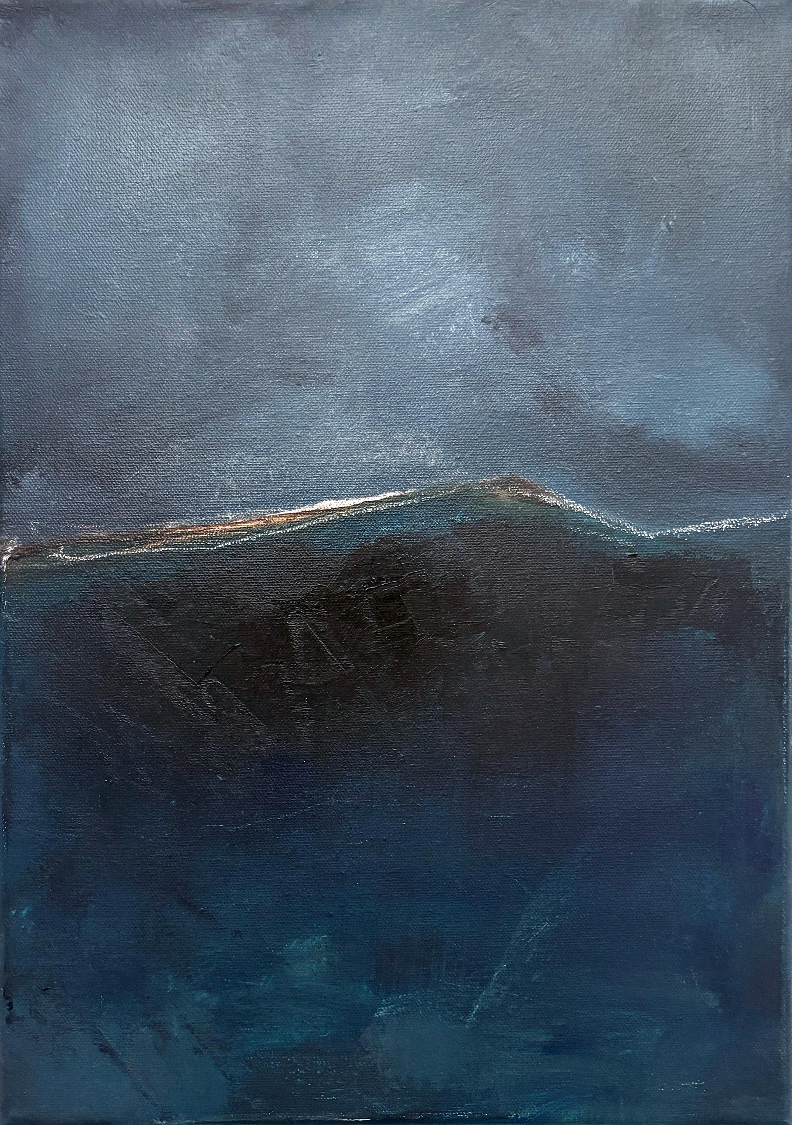 „Blaue Landschaft“ – Abstraktes Original-Ölgemälde auf Leinwand, 30 x 40 cm, 2024