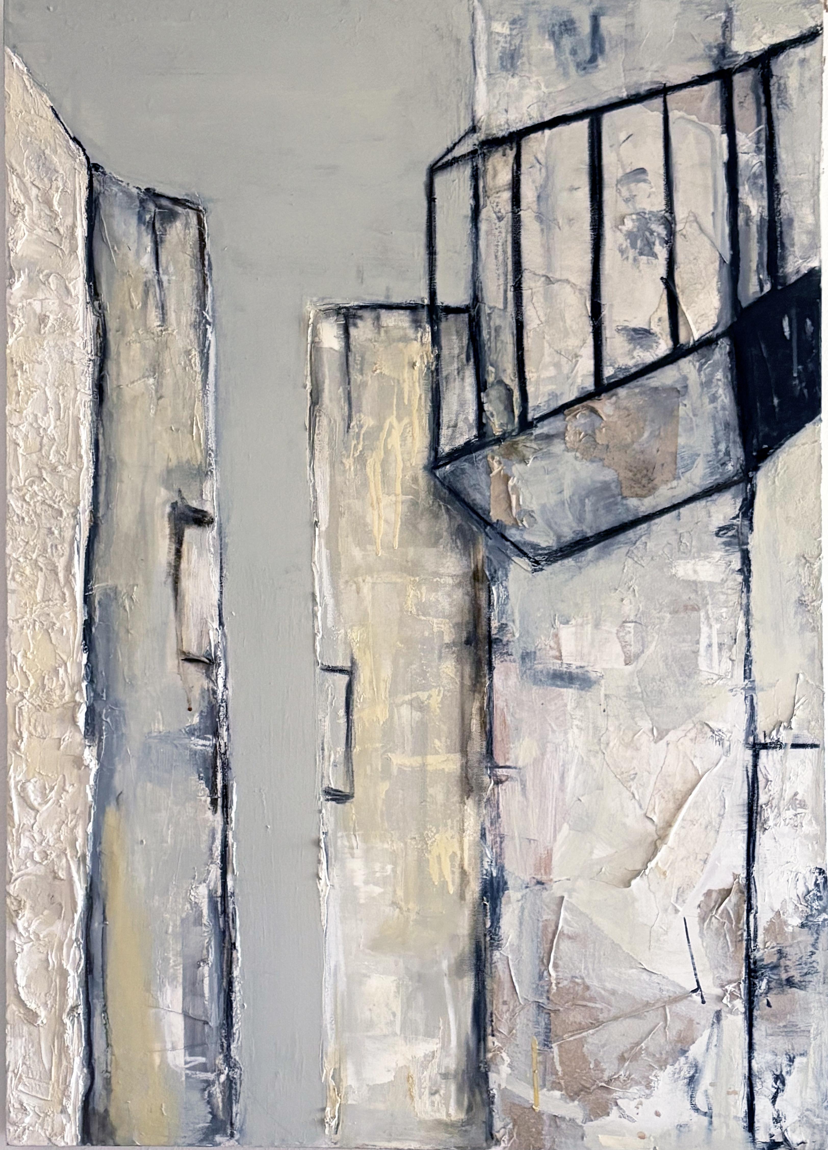 « Cityscape », peinture abstraite sur toile, fabriquée en Italie - Gris Abstract Painting par Marilina Marchica