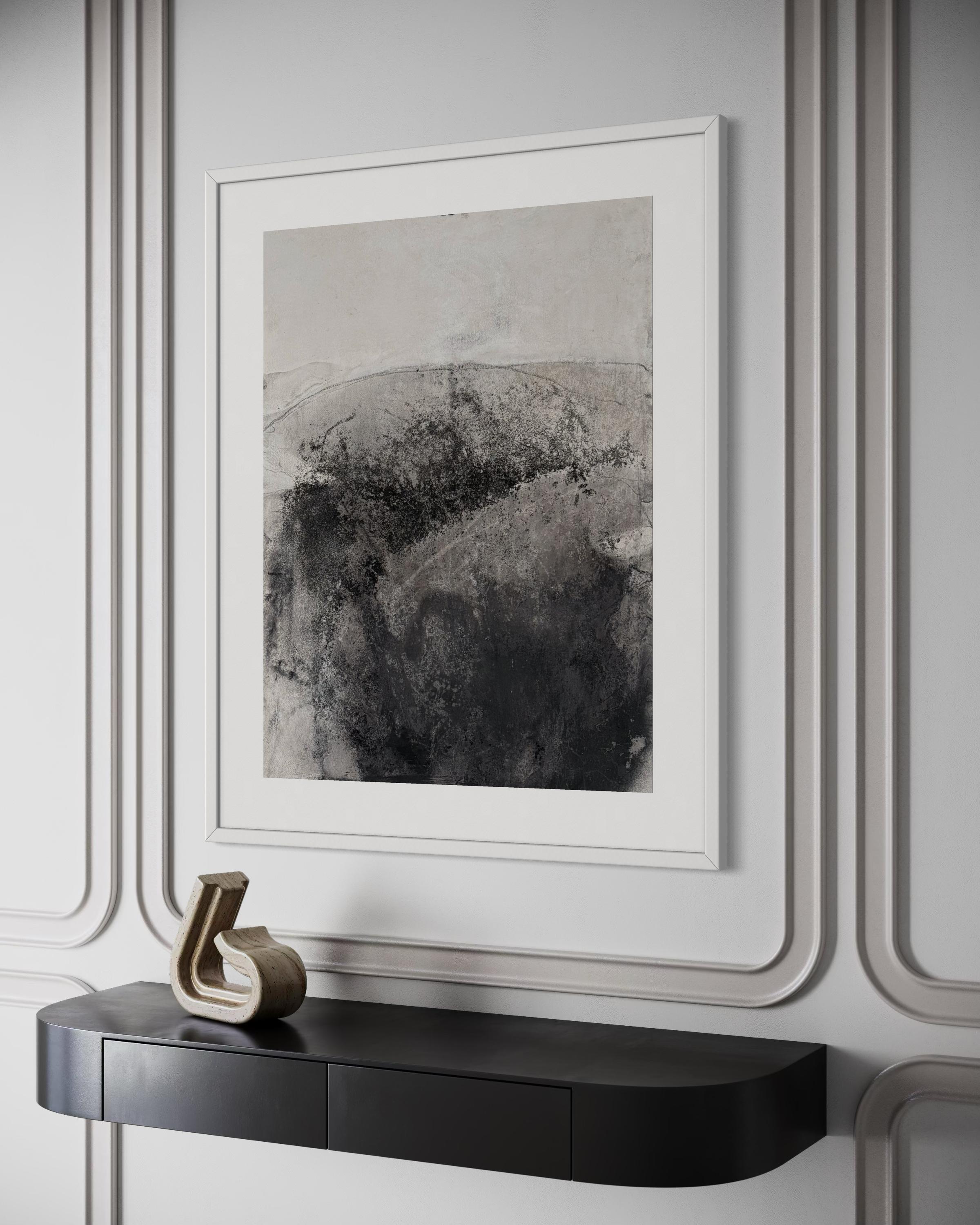 Traccia dell'Etna - Paesaggio astratto minimalista con terra vulcanica, Arte in bianco e nero su carta in vendita 2