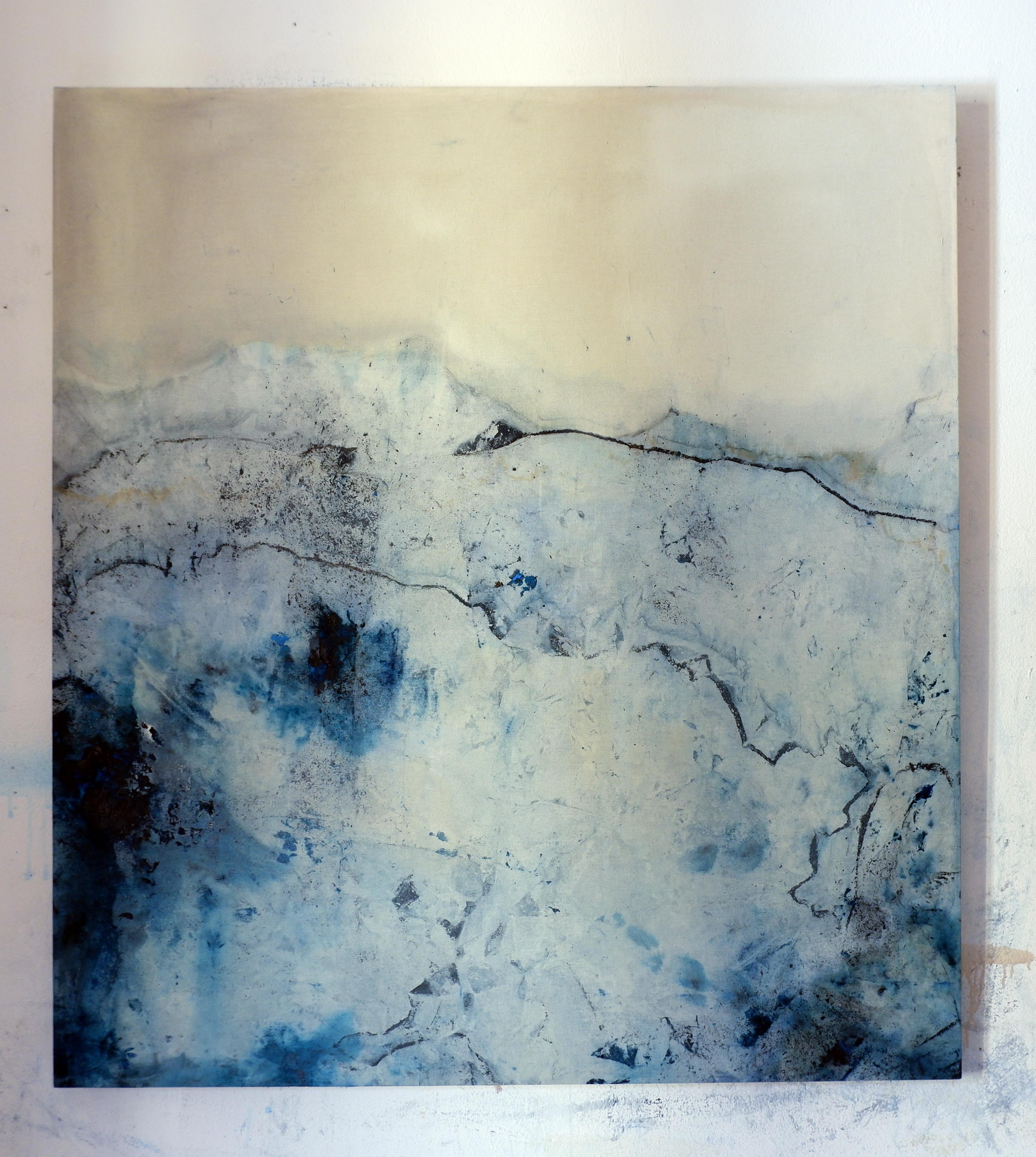 'Landscape 90' is an original minimalist abstract art on canvas by emerging Sicilian artist - Marilina Marchica. It is a delicate mixed media painting on cotton canvas. The subject is focused on Italian nature, sea views, decaying buildings, and