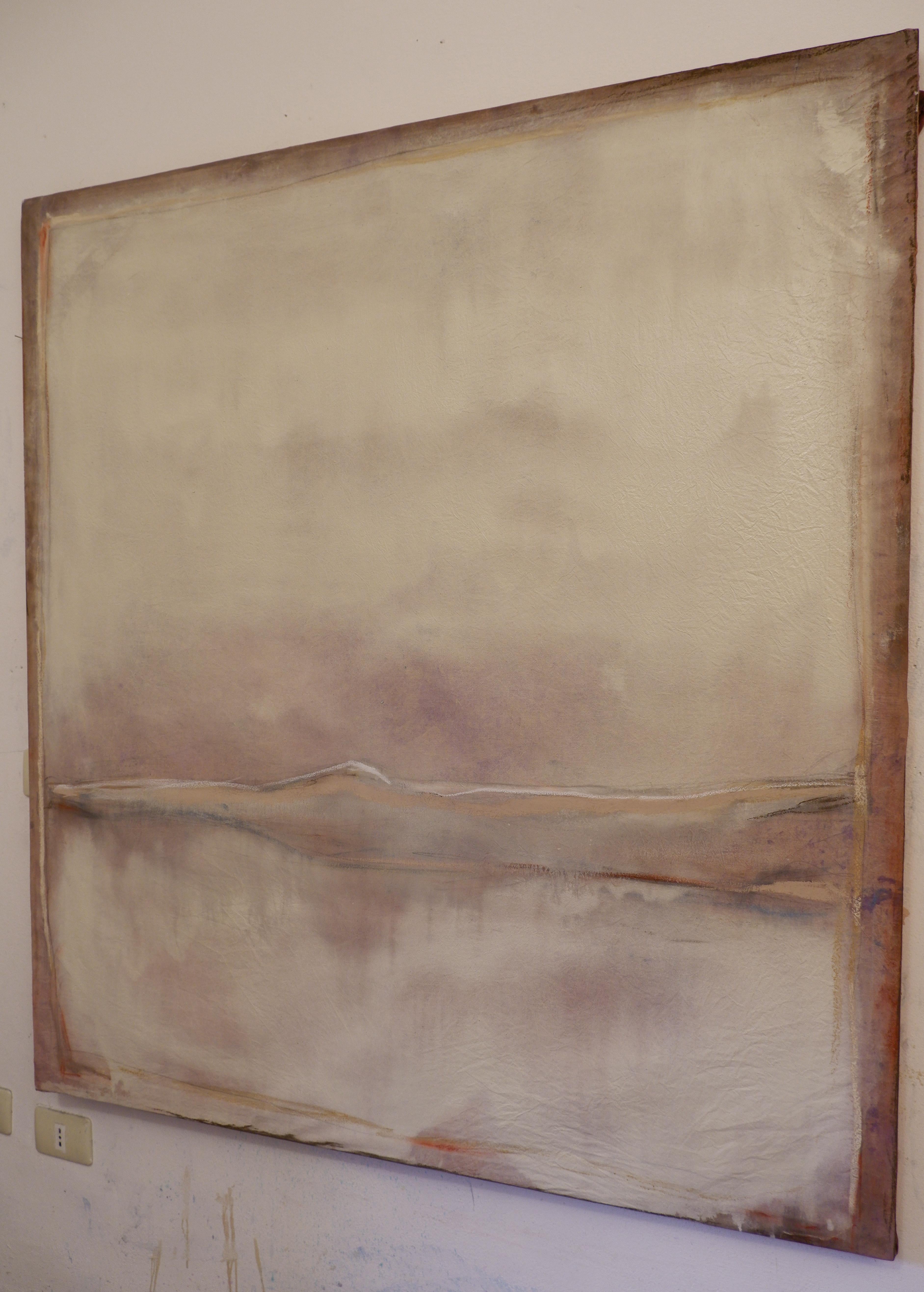 'Landscape 92' is an original minimalist abstract art on canvas by emerging Sicilian artist - Marilina Marchica. It is a natural looking mixed media painting on canvas. The subject is focused on Italian nature, mountain terrain, sea views, decaying