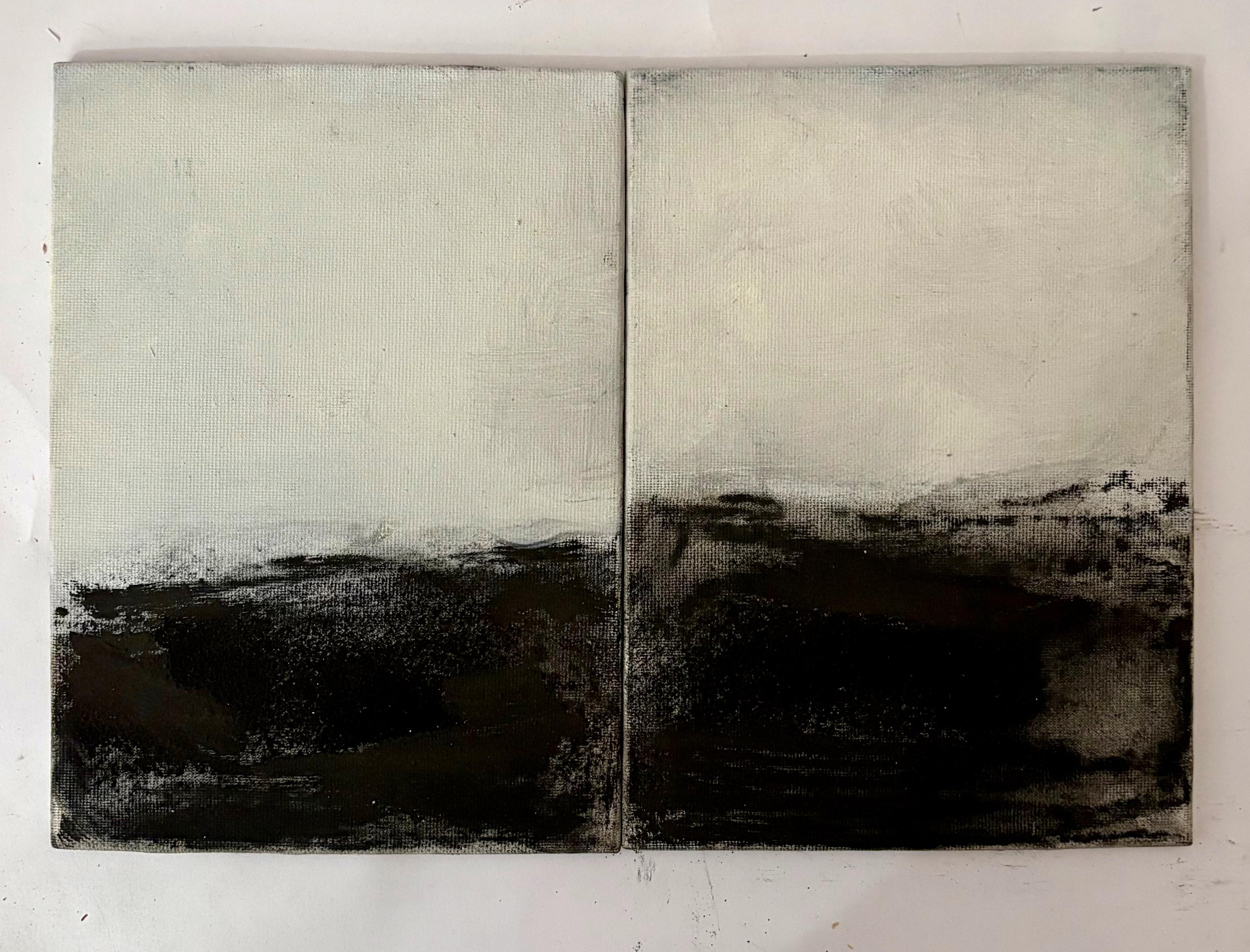 Landschaft BW - Contemporary Minimalist Art Diptychon  Kleinformat 24x18 cm im Angebot 1