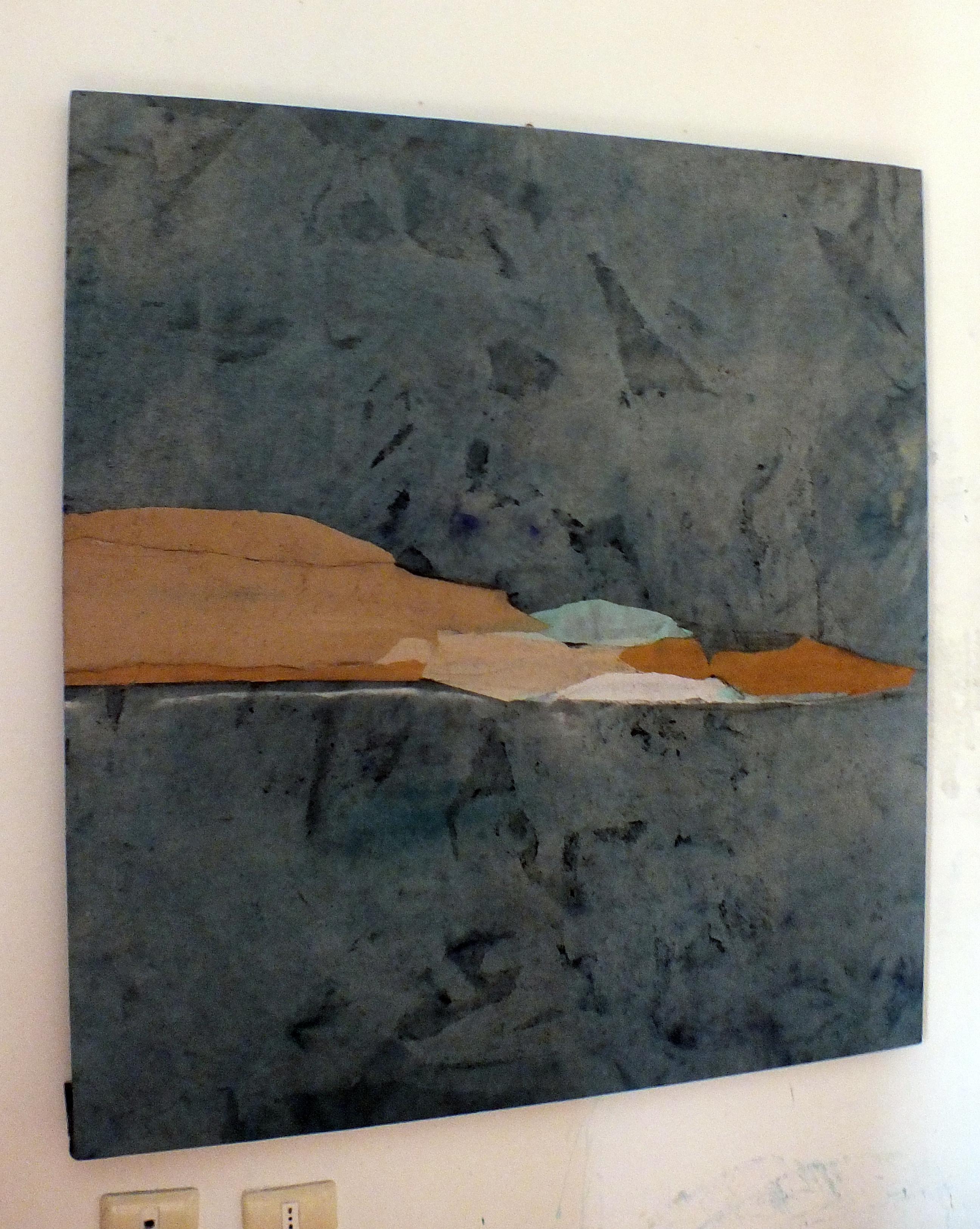 Paper Landscape 9, Contemporary Abstract Mixed media Collage Canvas Blue Brown - Painting by Marilina Marchica