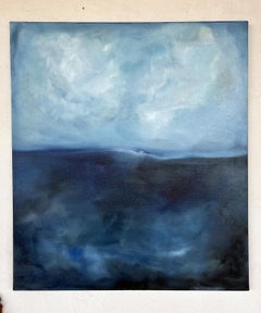 Paisaje marino Pintura al óleo original sobre lienzo, Paisaje azul minimalista, 2024