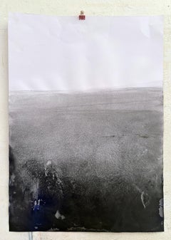 Disegno unico di paesaggio contemporaneo, pigmento in bianco e nero su carta