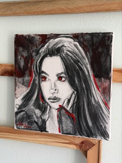 Negro y rojo, retrato expresionista, óleo y pastel sobre lienzo