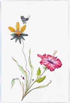 Marilla Palmer "Hibiscus and Zebra Butterfly" Mixed Media on Paper
