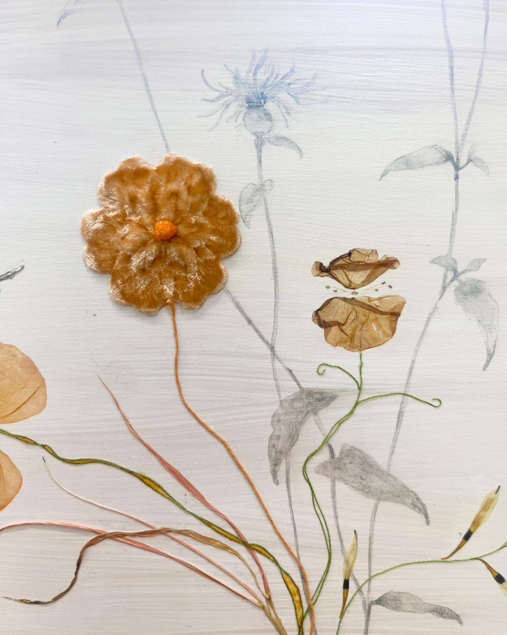 Marilla Palmer
The Ecstasy of Maria Sibylla Merian, 2025
Pressed foliage, millinery velvet, Durabrite prints, 12K gold leaf, acrylic on Ampersand panel
16 x 12 in.
(pal261)

Marilla Palmer lives and works in Brooklyn, NY and has shown extensively