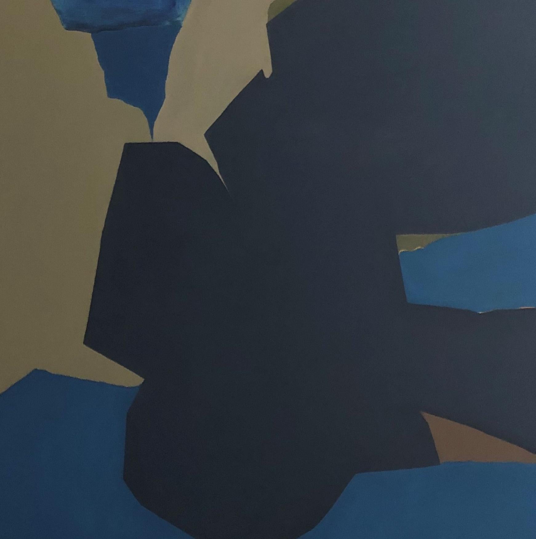 Overlapping Blue w/ Orange 47 x 47 Abstract Art  Bold Colors $4400  Shapes - Black Abstract Painting by Marilyn Biles
