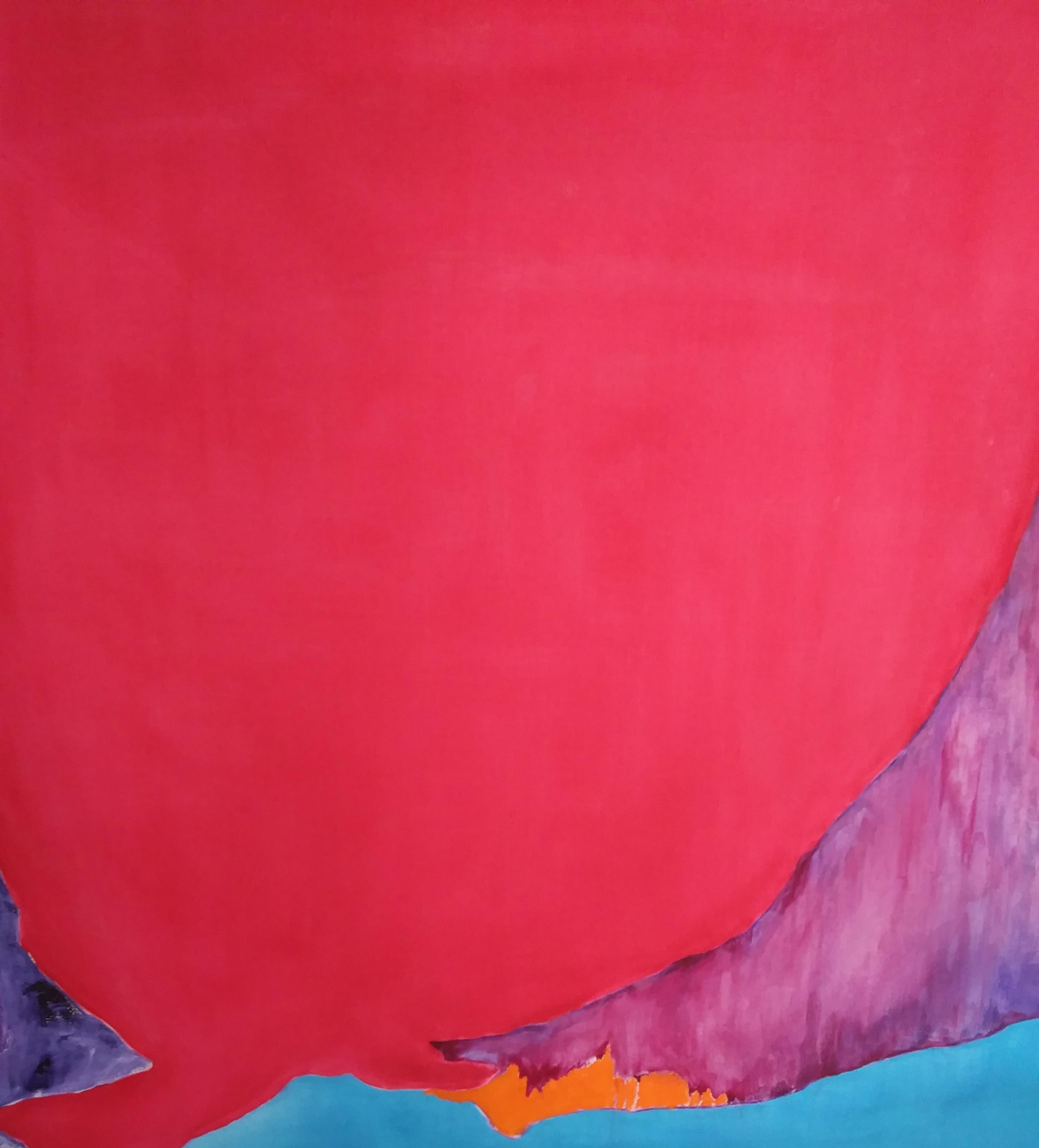 Shangri-La	48”x48”  Oil on Canvas Abstract Art Bold Colors Red Shapes - Painting by Marilyn Biles
