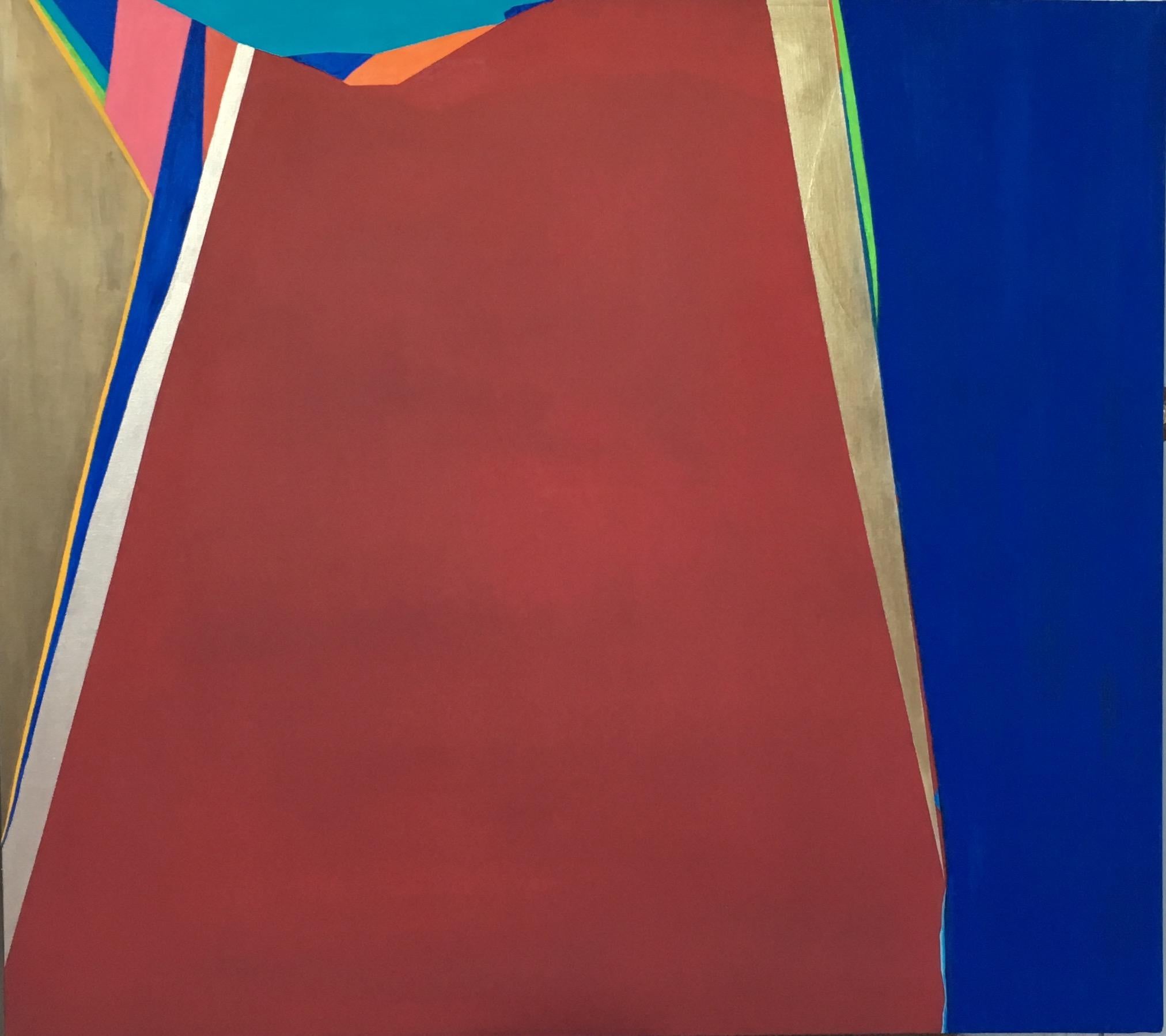 Shangri-La	48”x48”  Oil on Canvas Abstract Art Bold Colors Red Shapes For Sale 5