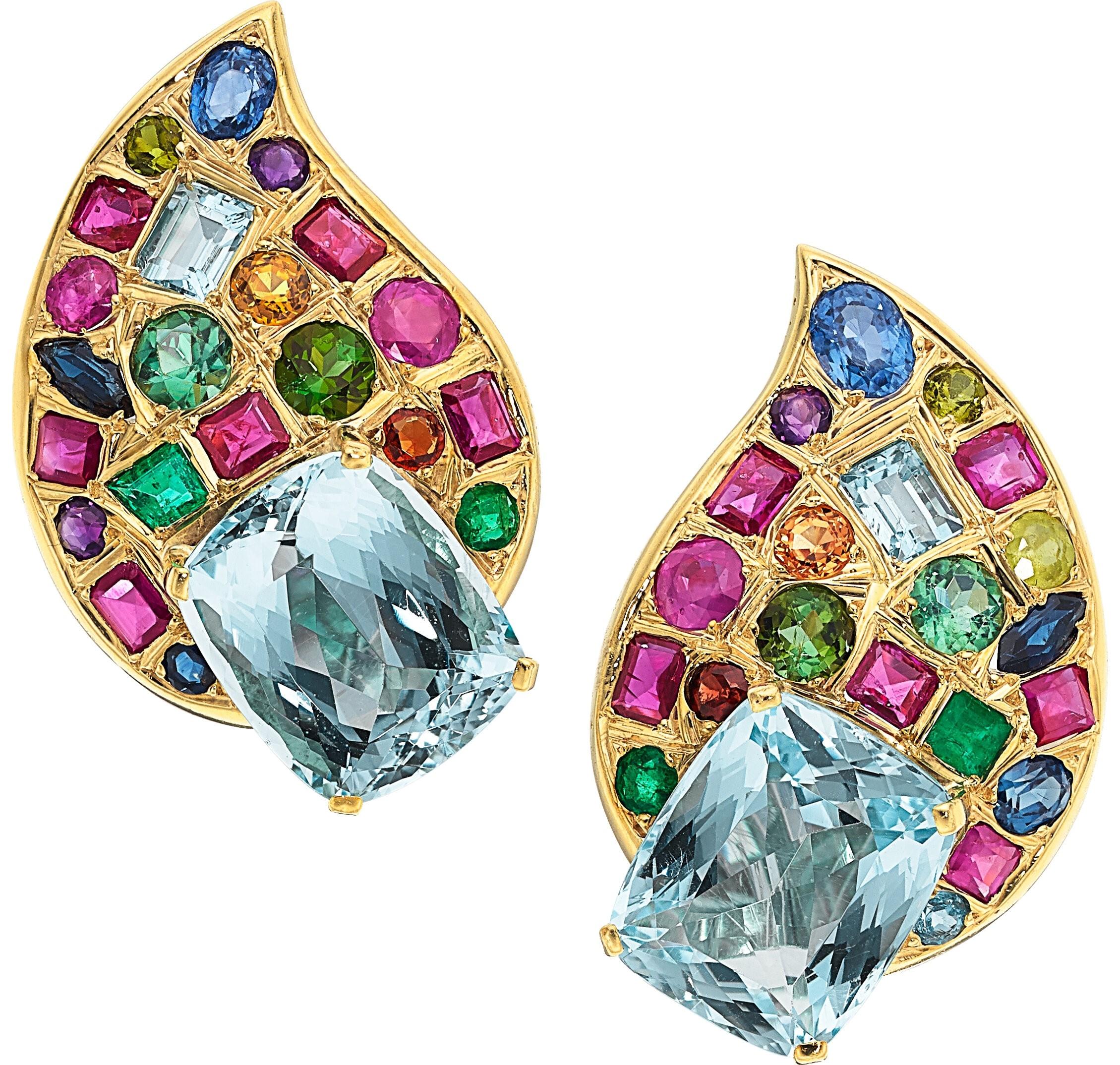 Modern Marilyn Cooperman 18k Gold & 22.85 Carat Multicolor Gemstones Clip-On Earrings For Sale