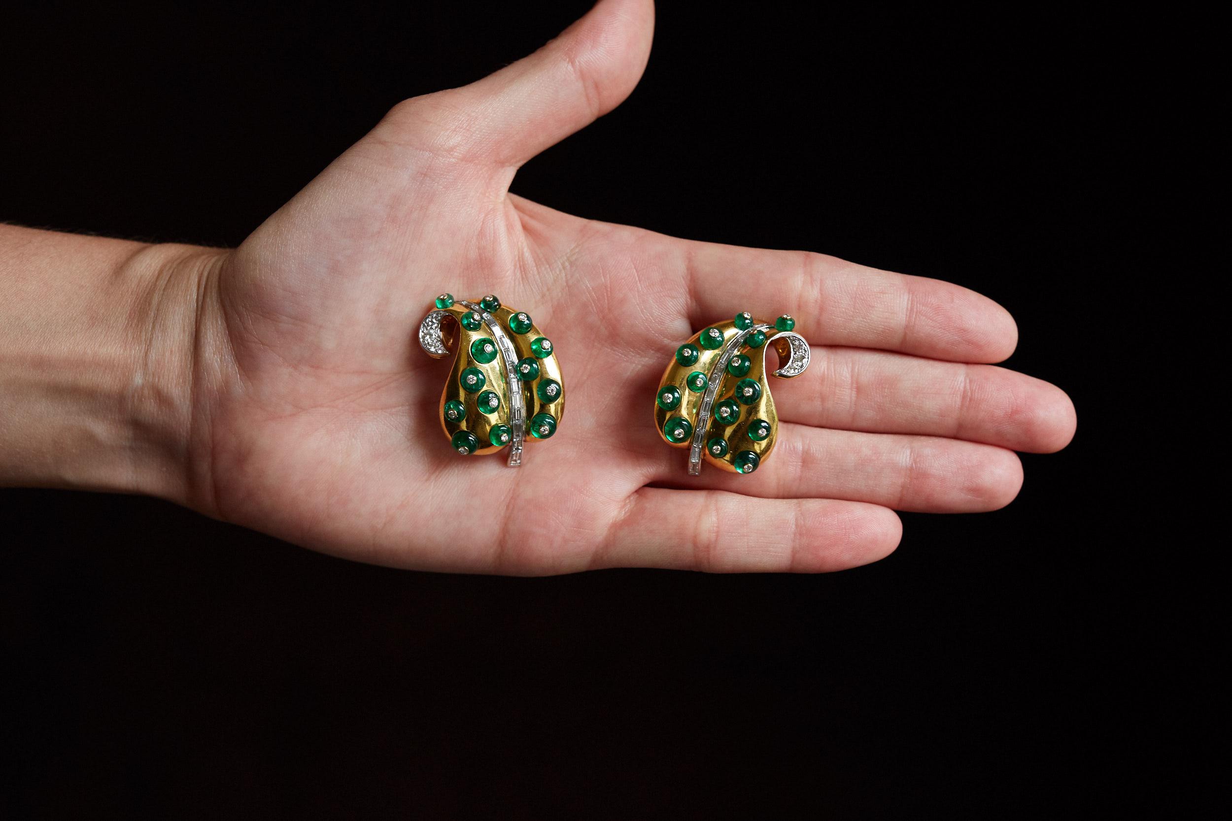 Emerald Cut Marilyn Cooperman Diamond  Emerald Bead Gold Leaf Earrings