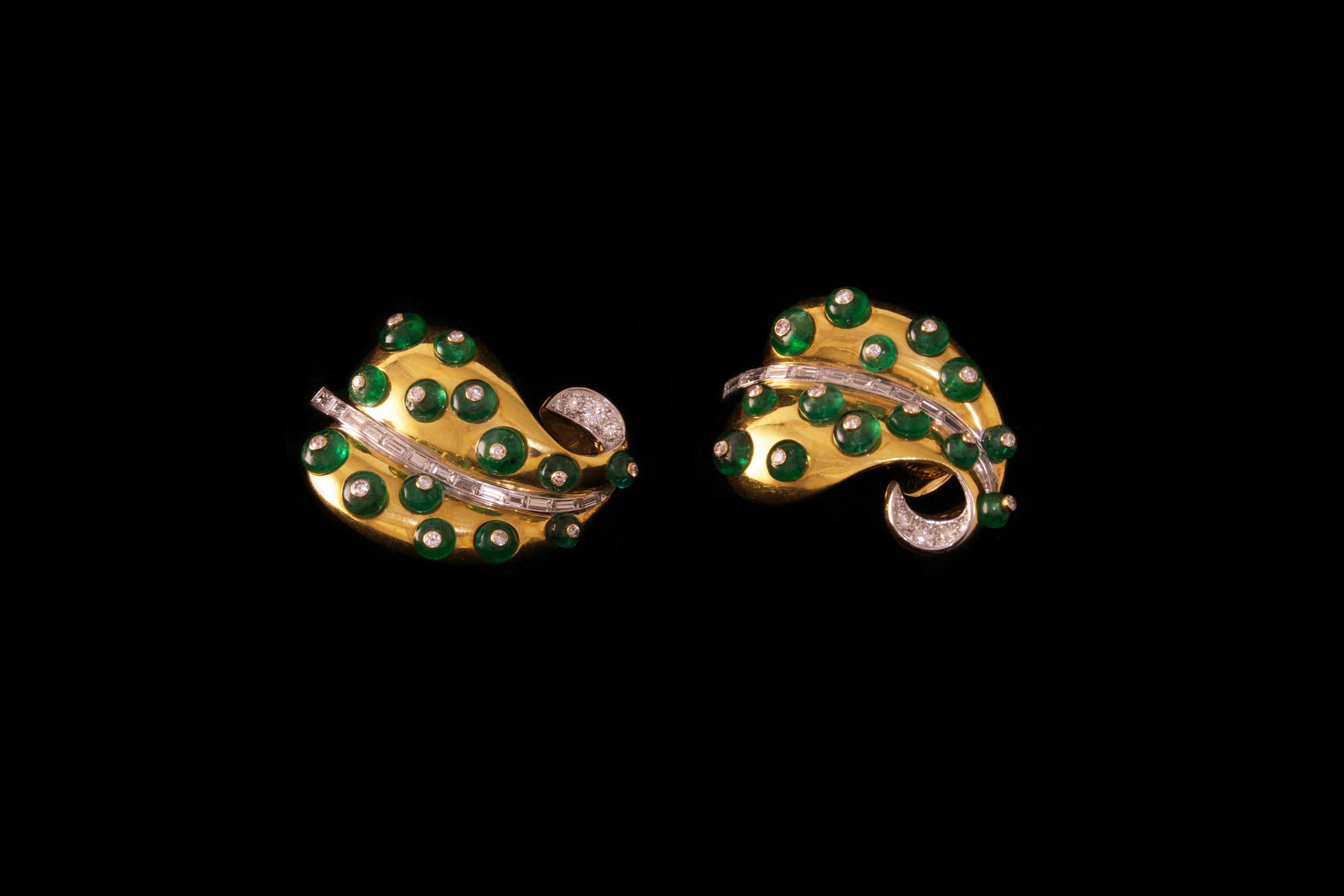 Marilyn Cooperman Diamond  Emerald Bead Gold Leaf Earrings In Excellent Condition In New York, NY