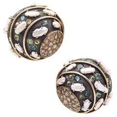 Used MARILYN COOPERMAN Earrings In 18Kt Gold Oxidized Sterling Sapphires & Pearls