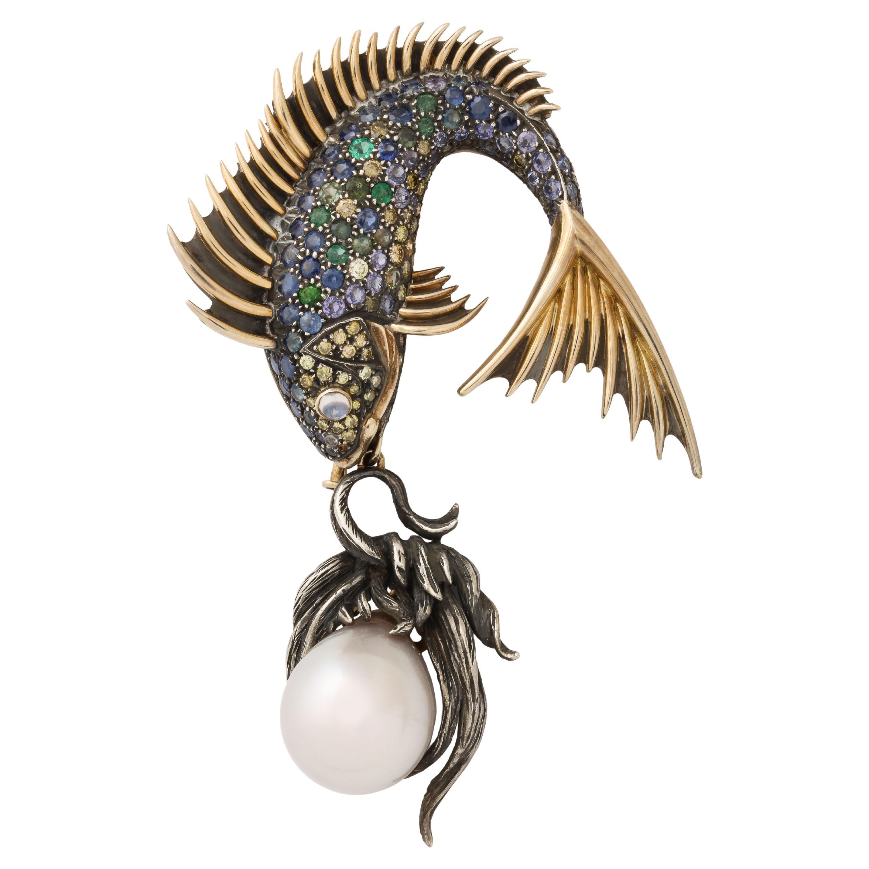 Marilyn Cooperman Fish Lunching On A Pearl Brooch For Sale