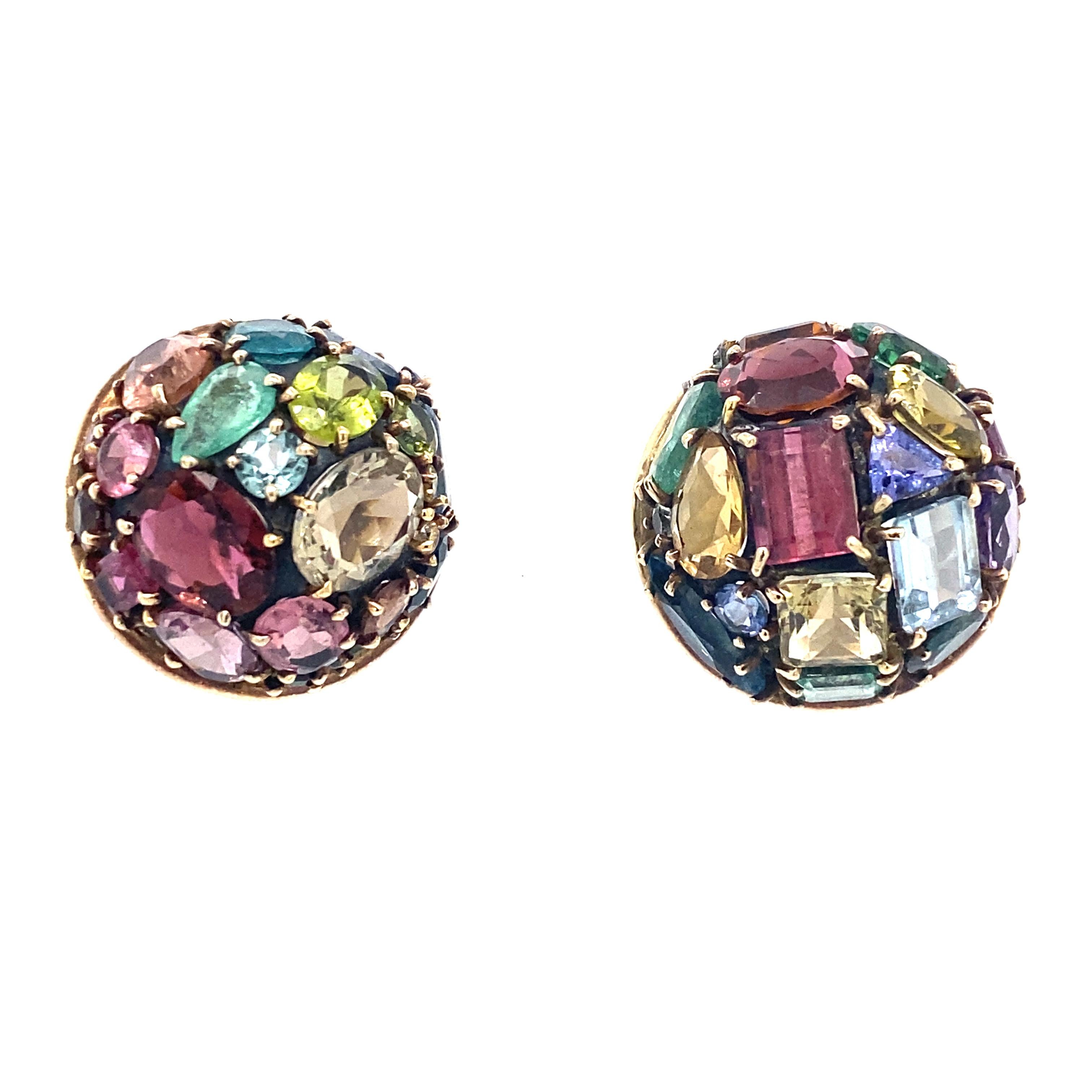 Marilyn Cooperman Gem Set Earrings  18k yellow gold.
 The earrings contains various cuts of amethysts, citrines, tourmalines, aquamarines, peridots and emeralds weighing approximately 25 carats in total, stamped 