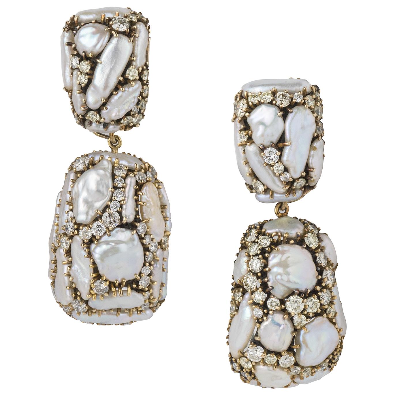 Marilyn Cooperman Keshi Pearl and Diamond Day to Night Earrings For Sale