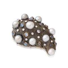 Marilyn Cooperman Pearl Moonstone Diamond Paisley Brooch