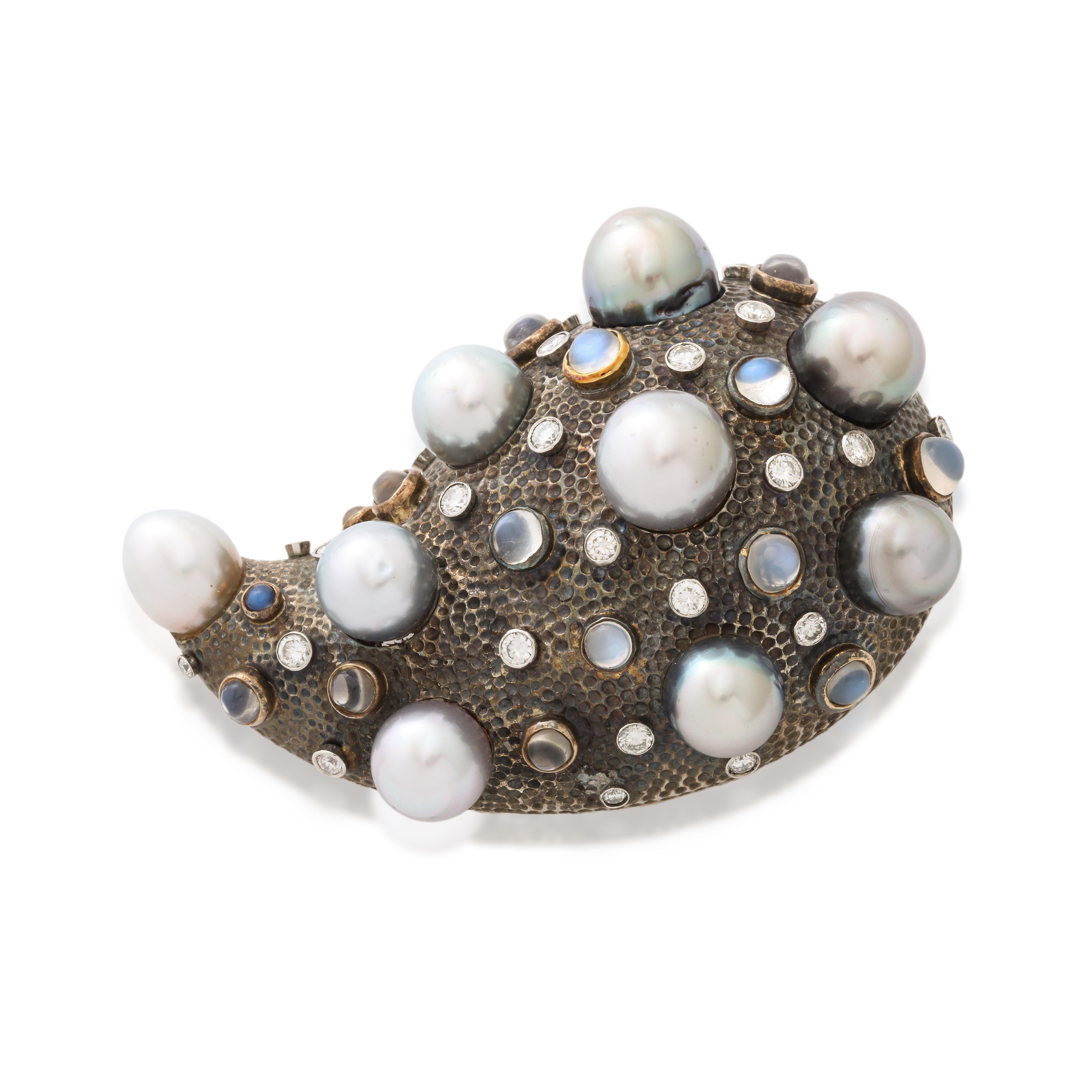 Round Cut Marilyn Cooperman Pearl Moonstone Diamond Paisley Brooch For Sale