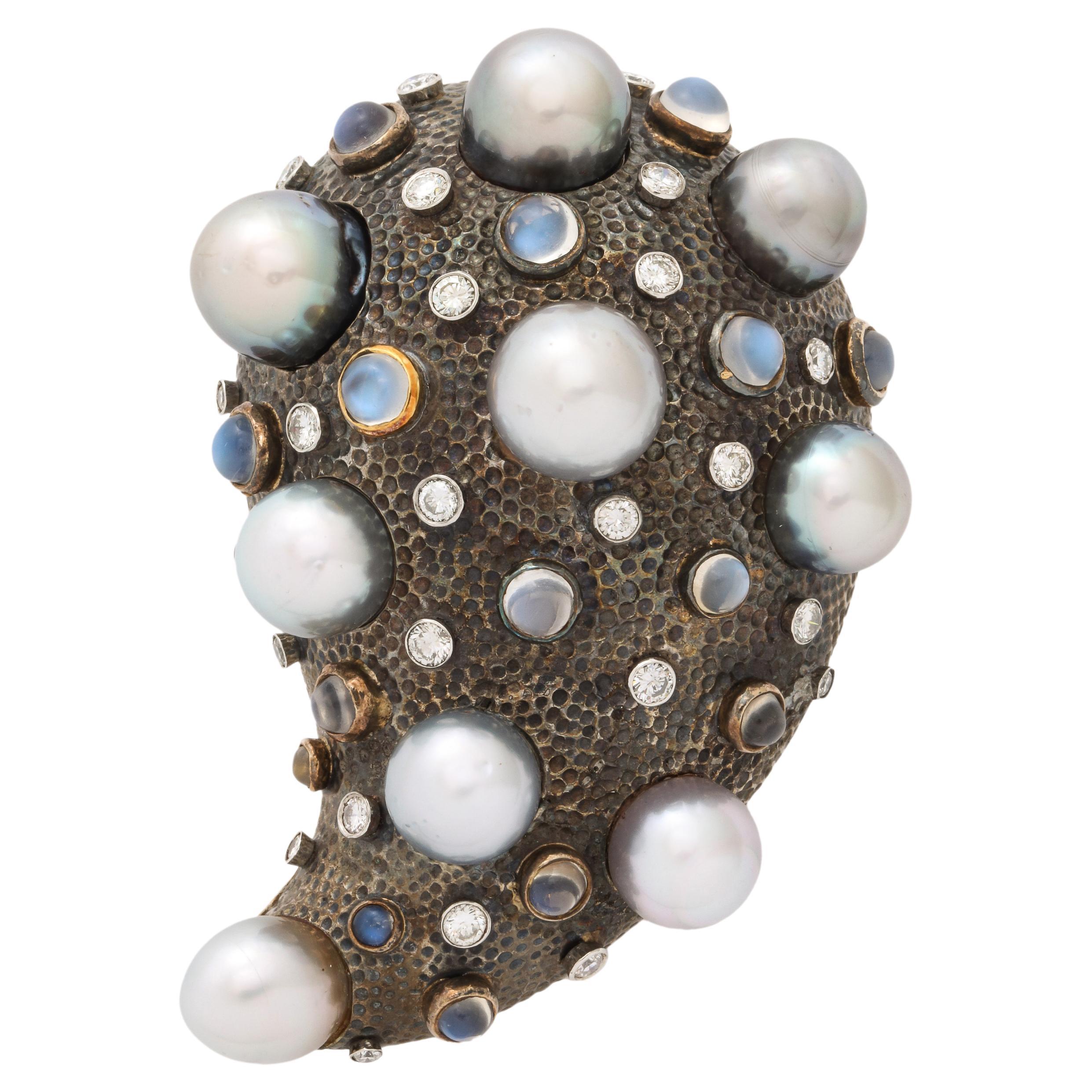 Marilyn Cooperman Pearl Moonstone Diamond Paisley Brooch For Sale