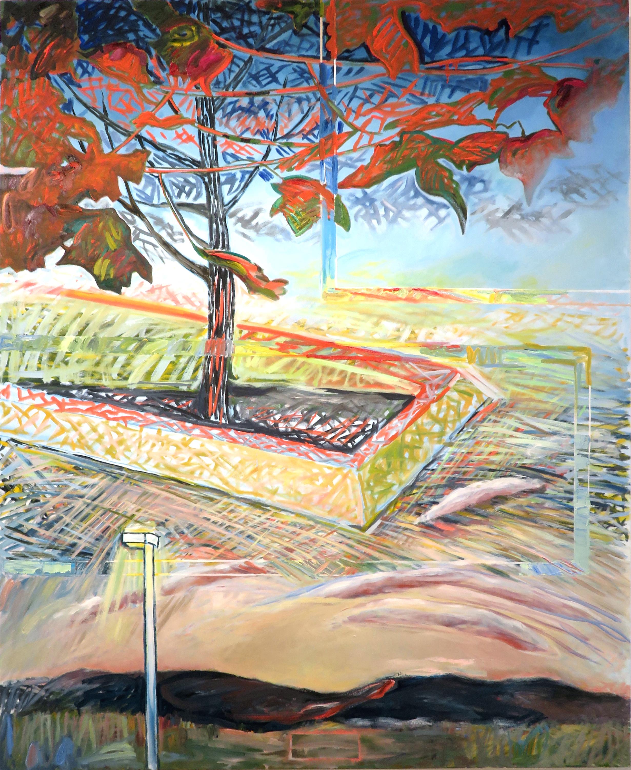 Marilyn Davidson Abstract Painting -  "Eden, Refracted”, the garden's tree of knowledge in red, pink, green and blue