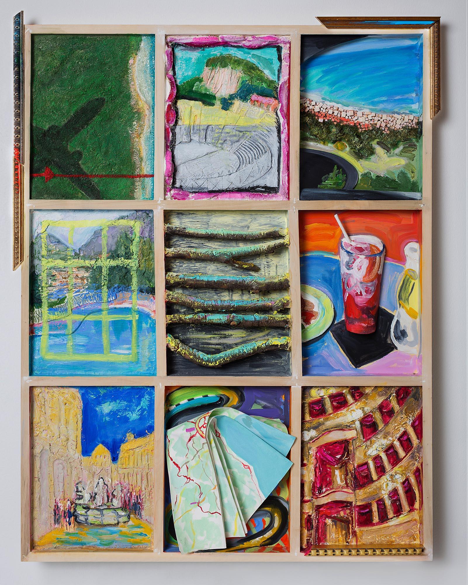 Marilyn Davidson Abstract Painting - "Italian Postcards", travel in nine vibrant color dioramas